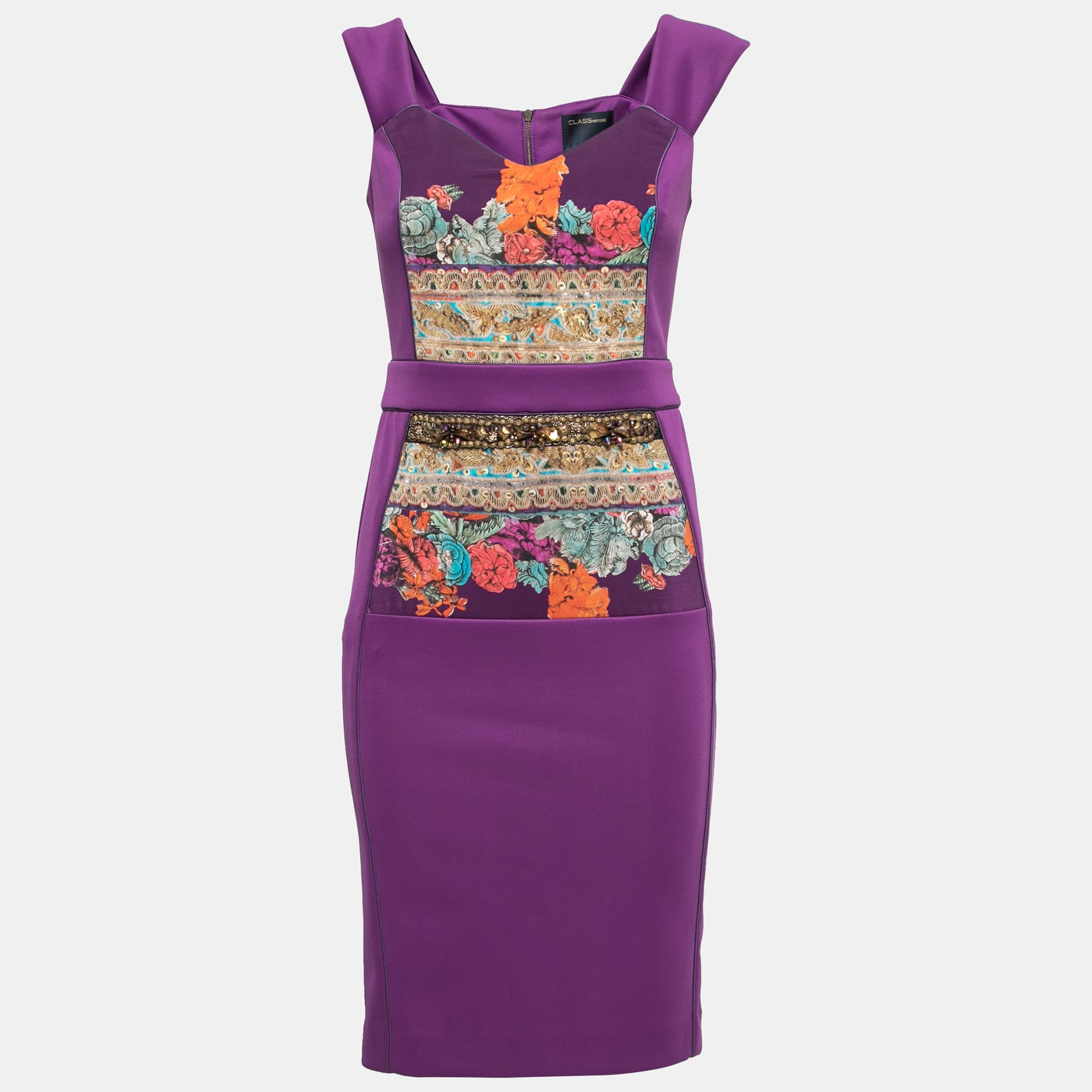 Class by Roberto Cavalli Purple Jersey Floral Applique Beaded Bodycon Dress M