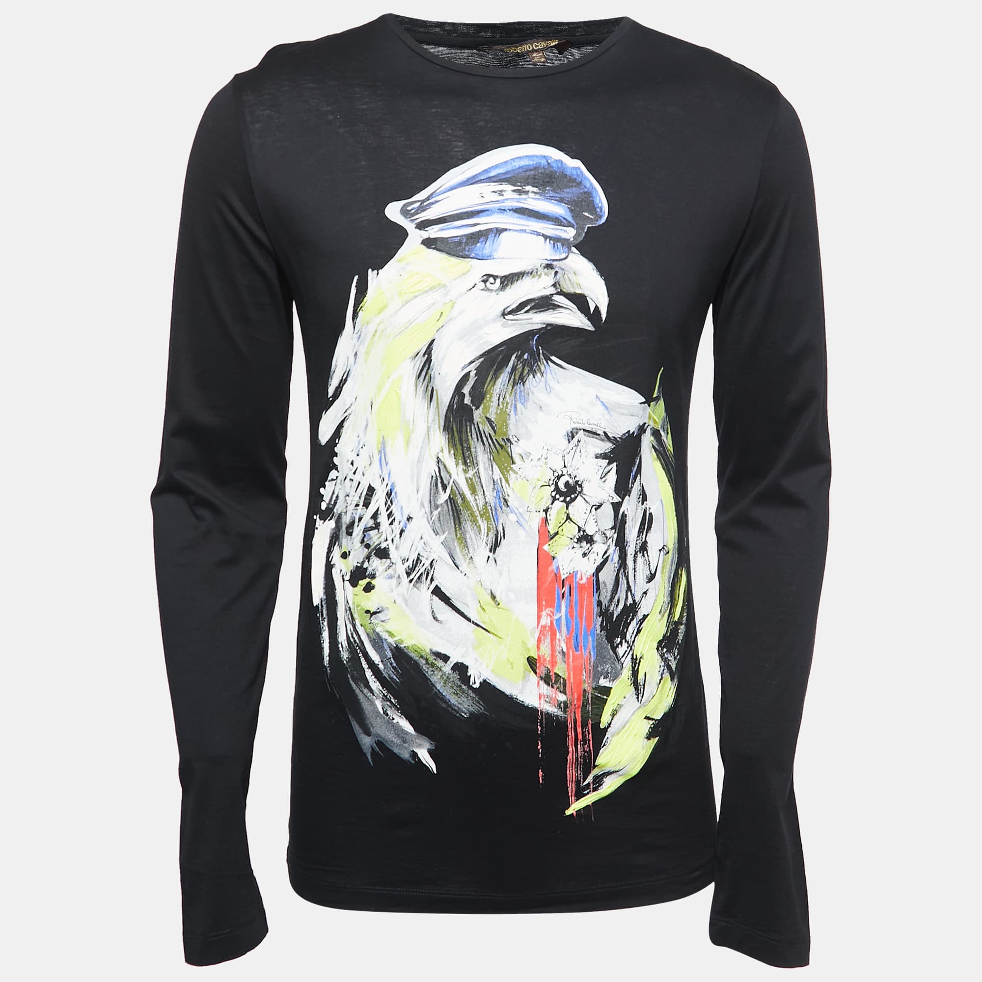 Roberto Cavalli Black Printed Cotton Full Sleeve T-Shirt S
