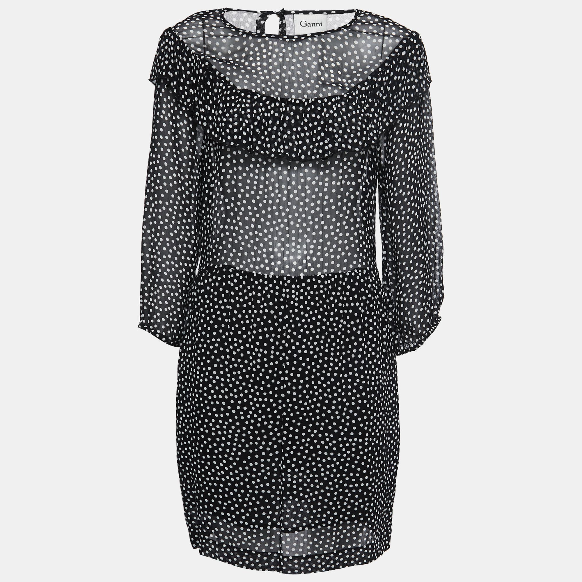 Ganni Black Polka Dotted Crepe Belleville Short Dress L