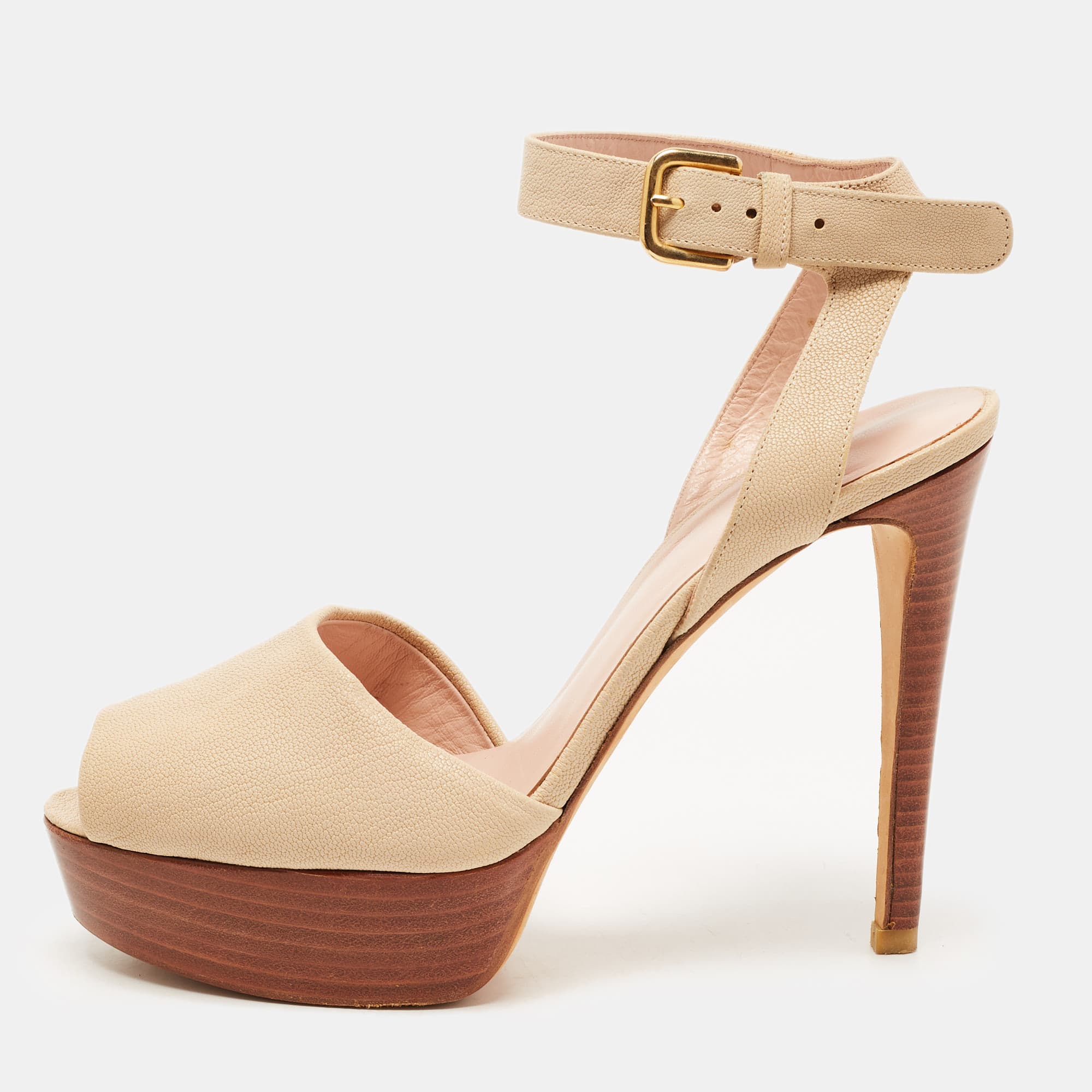 Stuart Weitzman Beige Leather Ankle Strap Platform Sandals Size 39