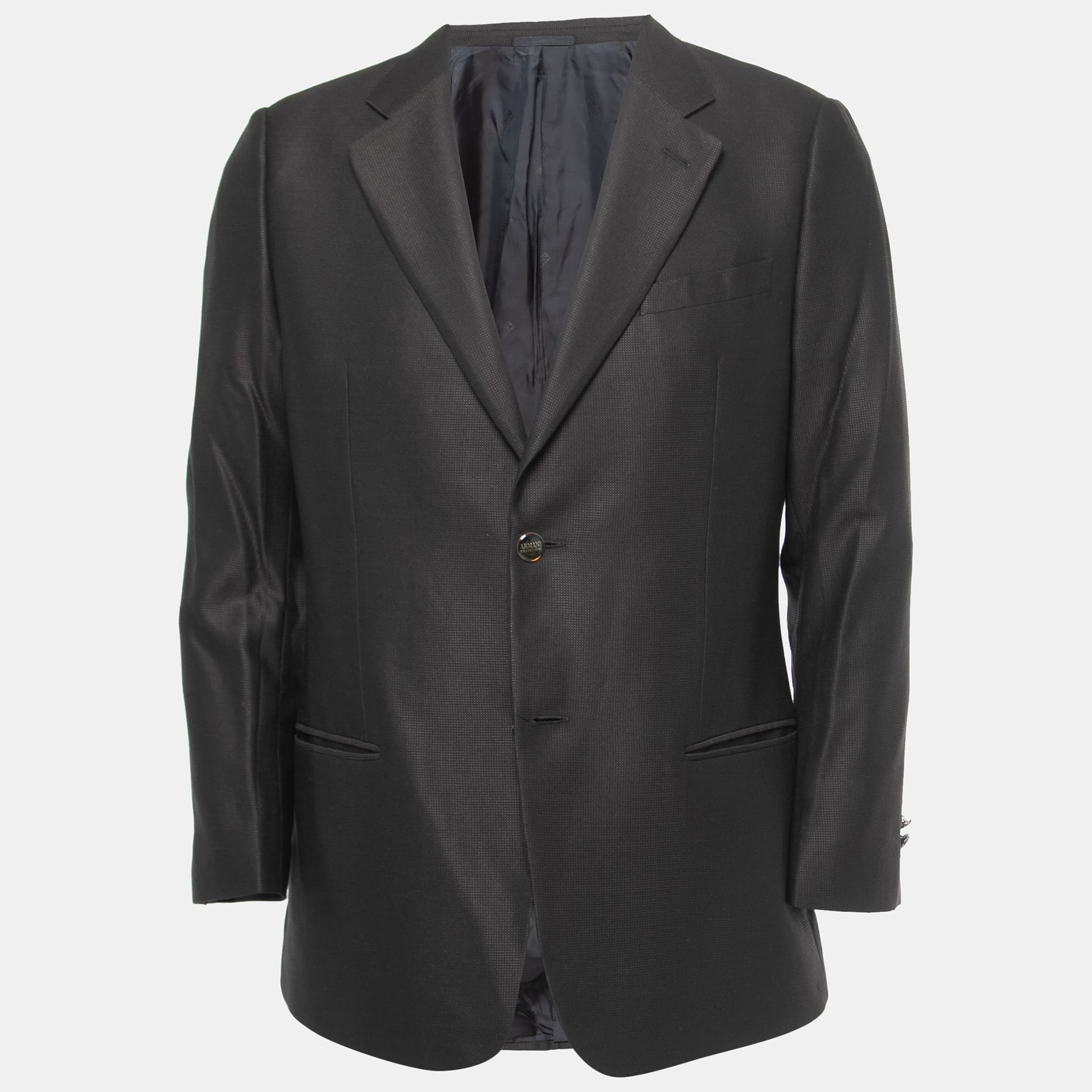 Armani Collezioni Black Textured Wool Single-Breasted Blazer XL