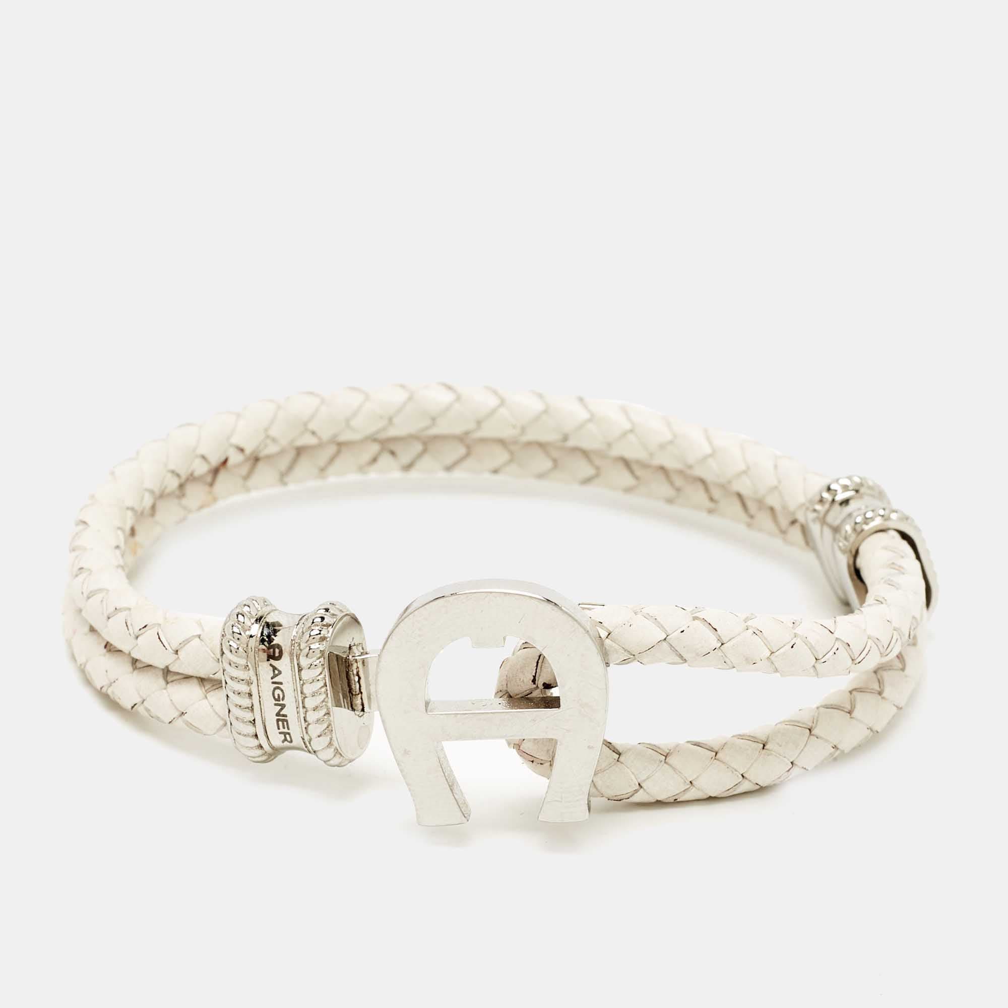 Aigner Braided Leather Silver Tone Bracelet