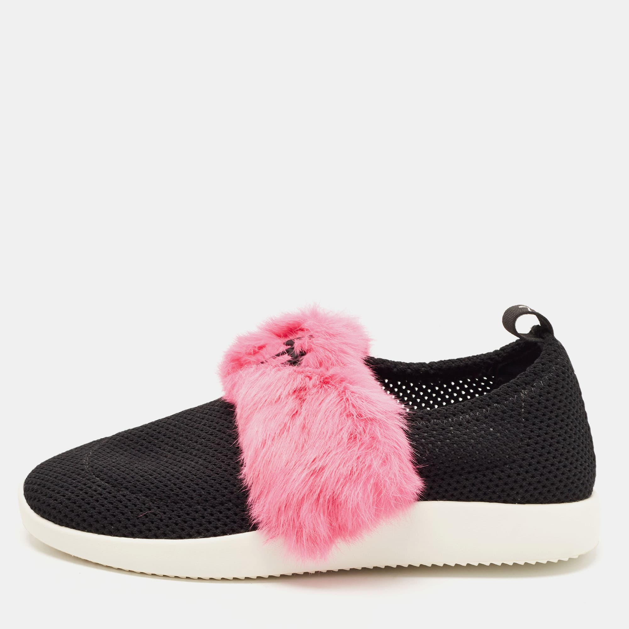 Giuseppe Zanotti Black Knit Fabric and Calfhair Slip on Sneakers Size 37.5