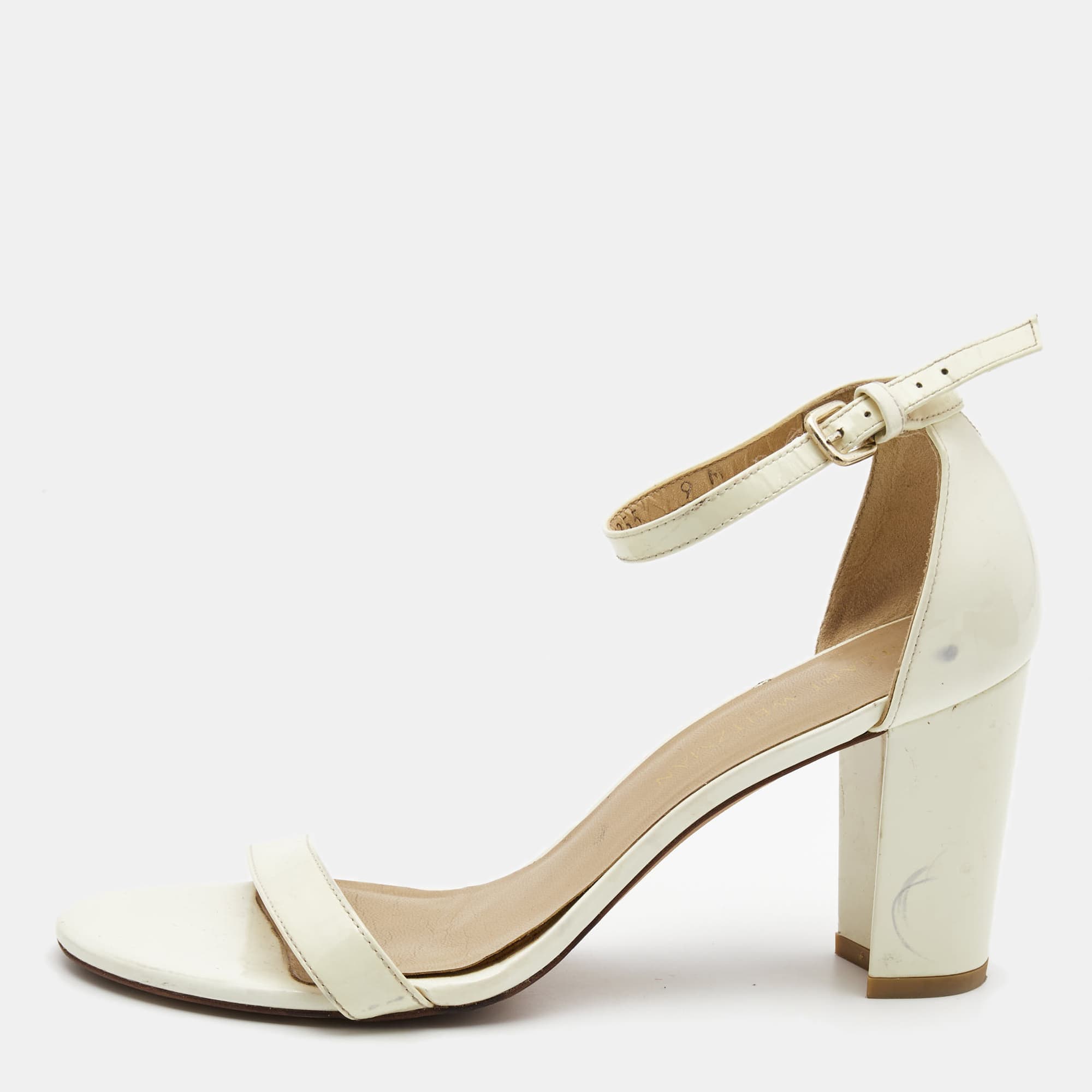 Stuart Weitzman Cream Patent Leather Block Heel Ankle Strap Sandals Size 39.5