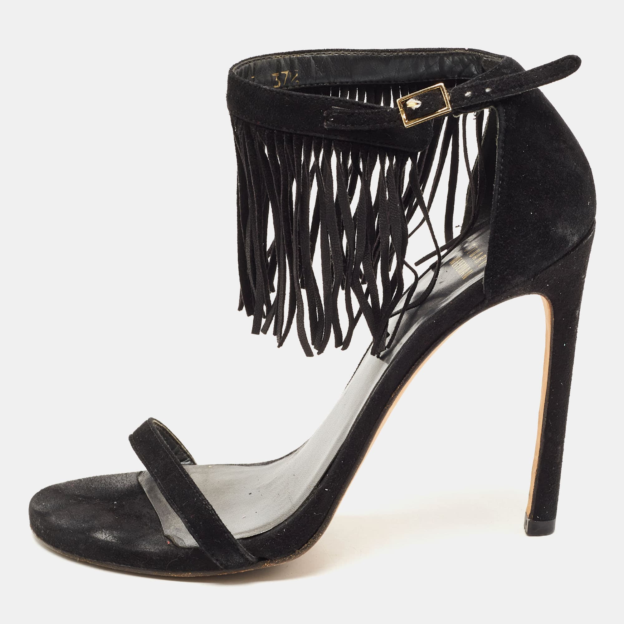 Stuart Weitzman Black Suede Love Fringe Ankle Strap Sandals Size 37.5