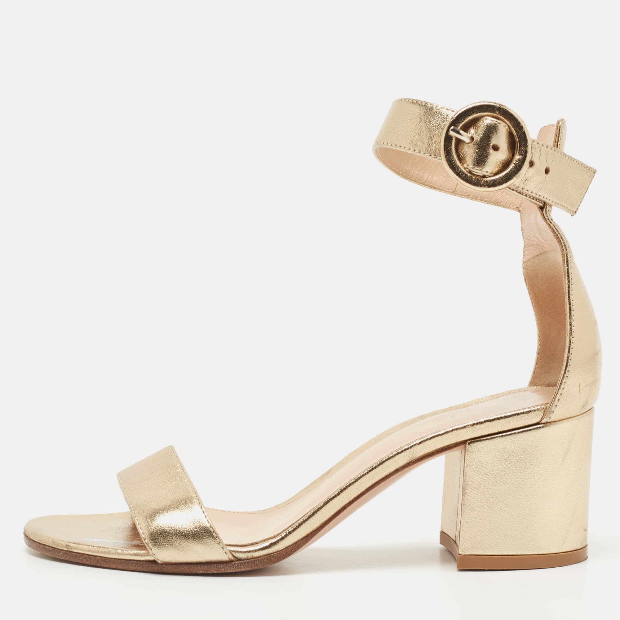 Gianvito Rossi Gold Leather Portofino Block Heel Sandals Size 35.5