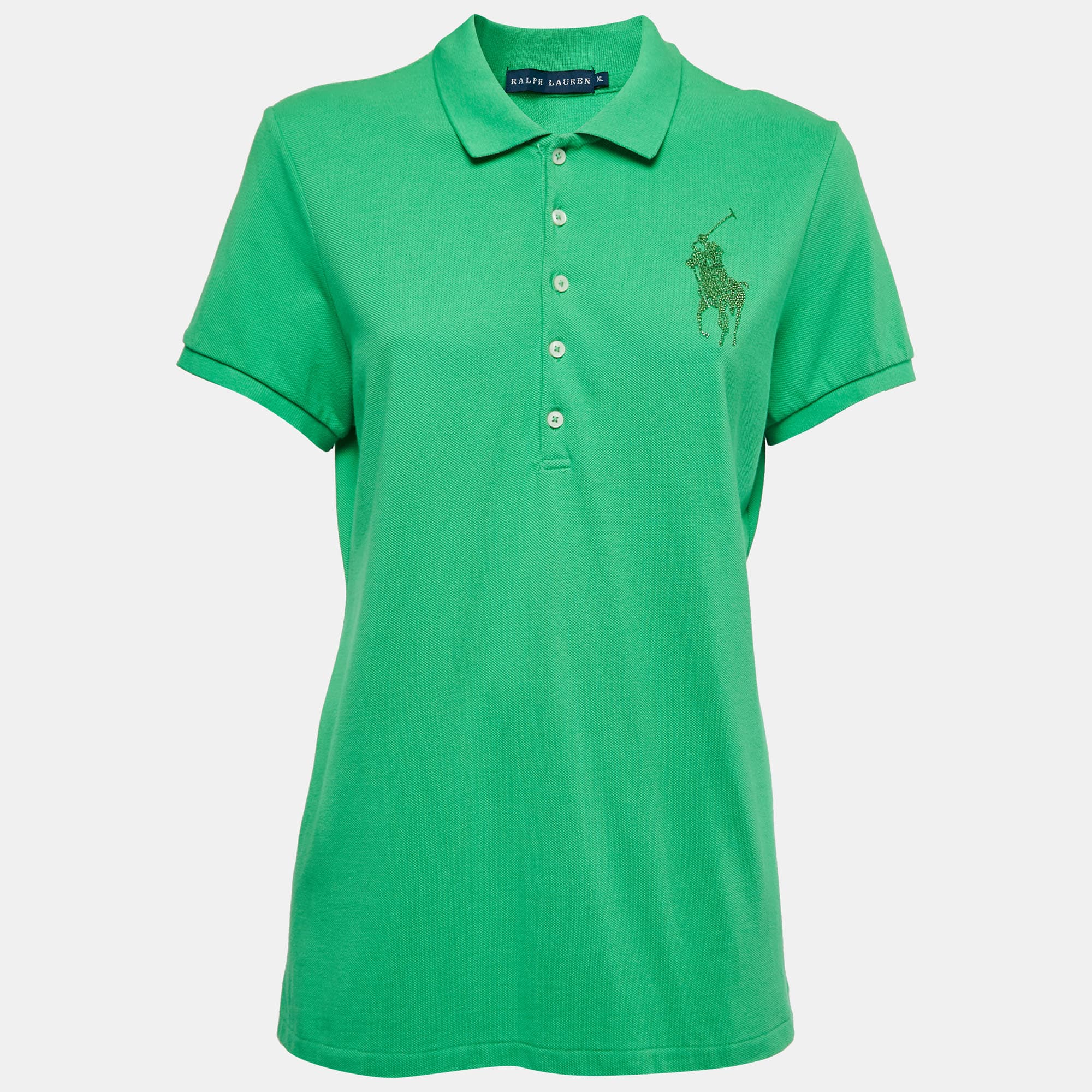 Ralph Lauren Green Cotton Crystal Logo Embellished Polo T-Shirt XL