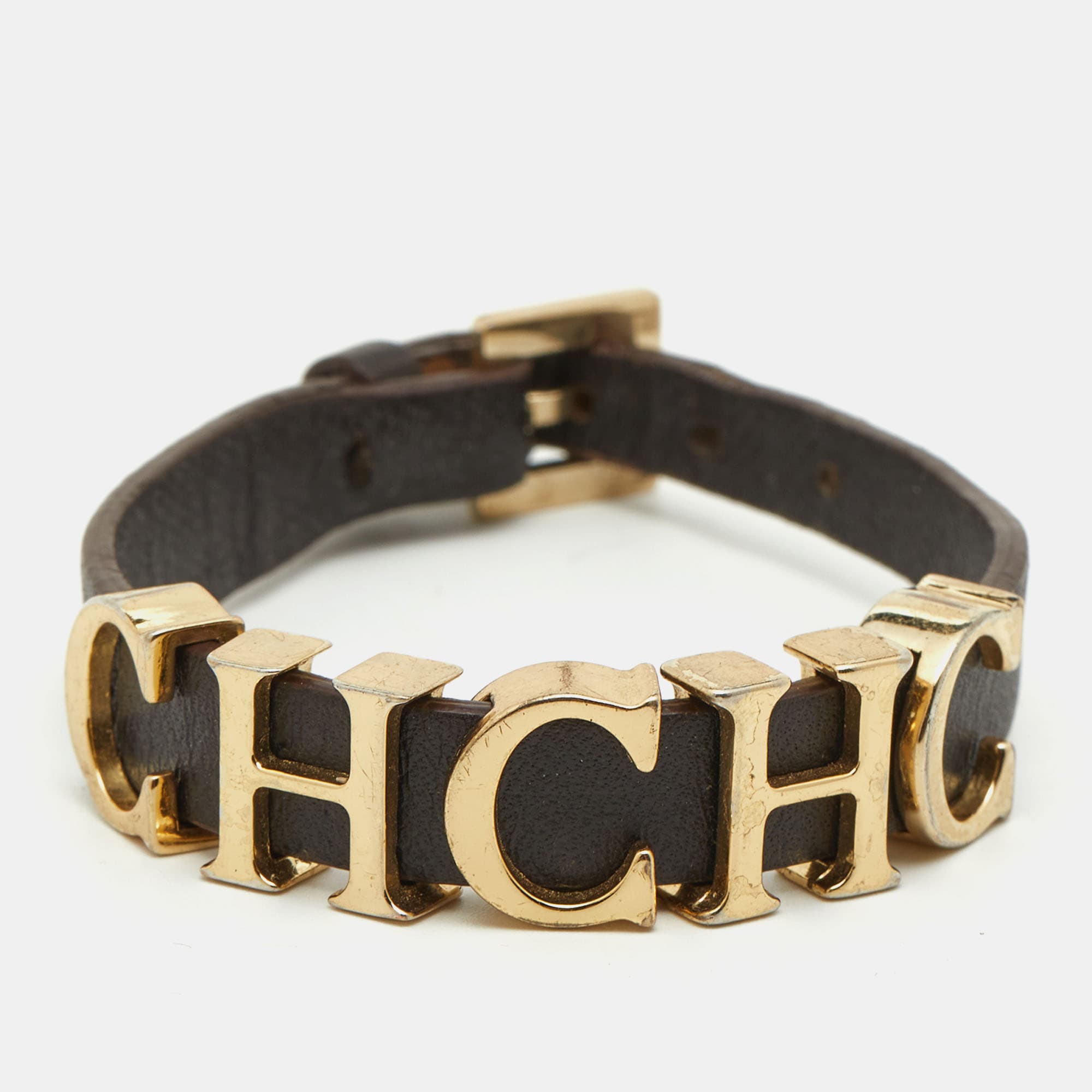 Carolina Herrera Brown Leather Logo Charm Bracelet