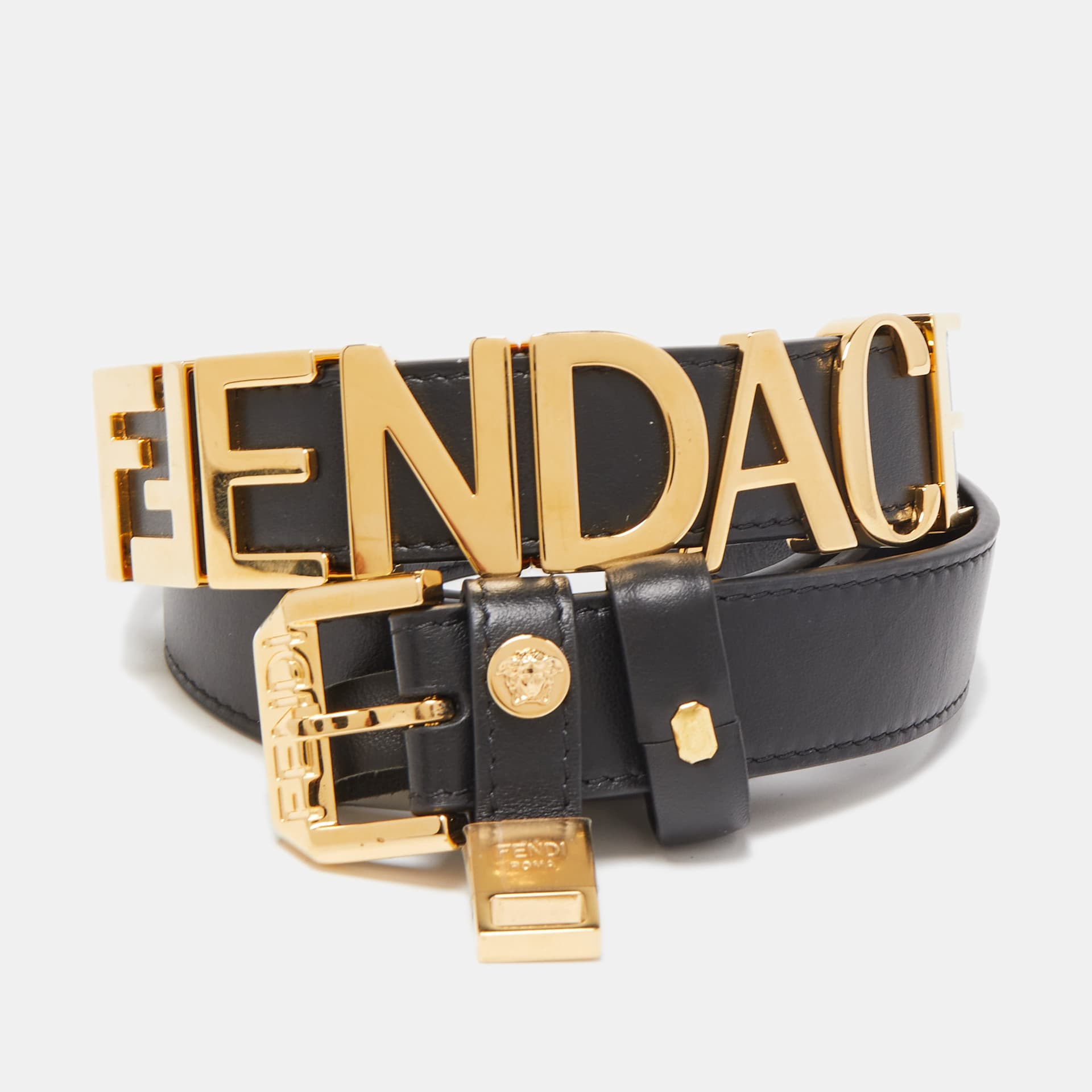 Fendi x Versace Black Leather Logo Letters Buckle Belt 105CM