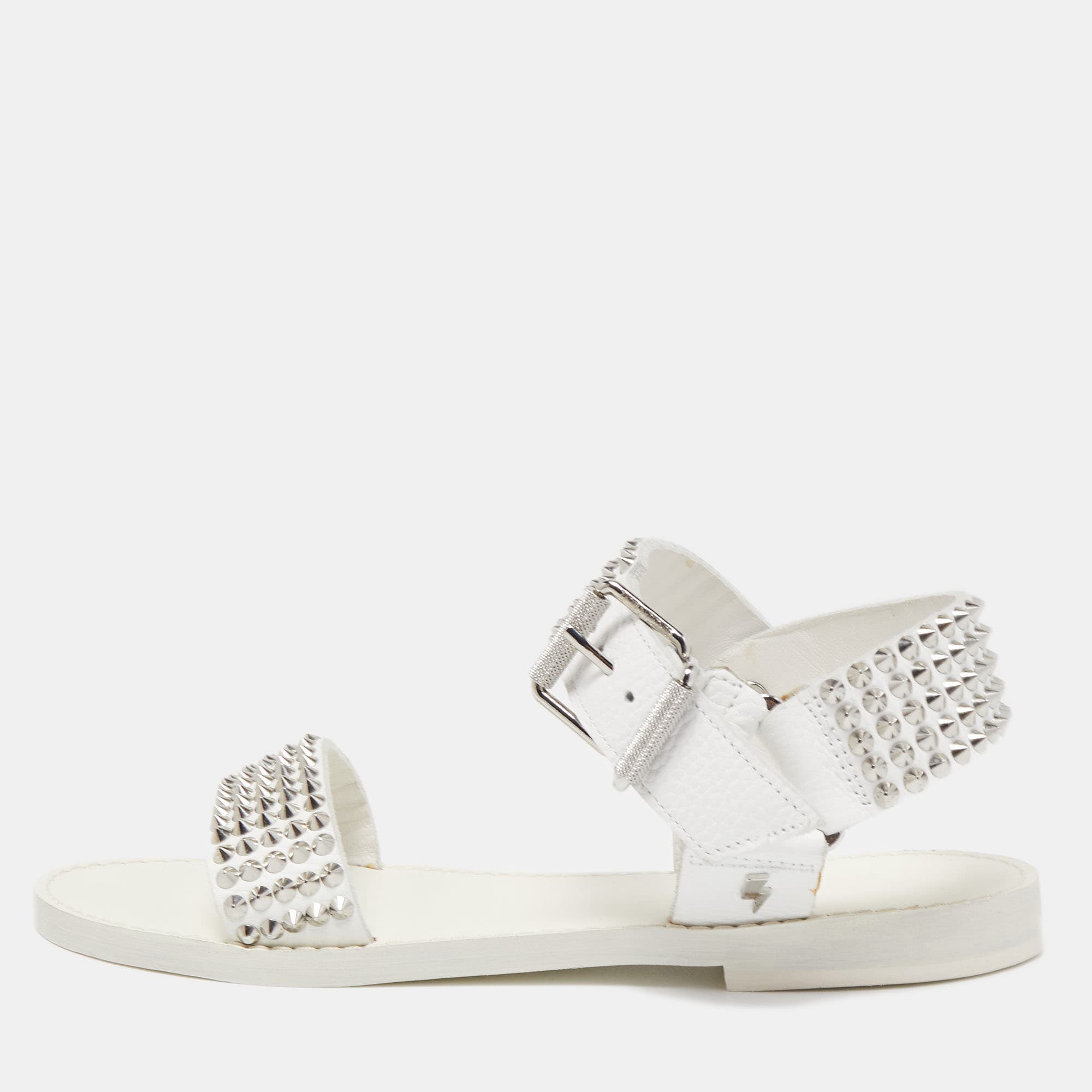 Zadig & Voltaire White Leather Ankle Strap Spiked Sandals Size 36