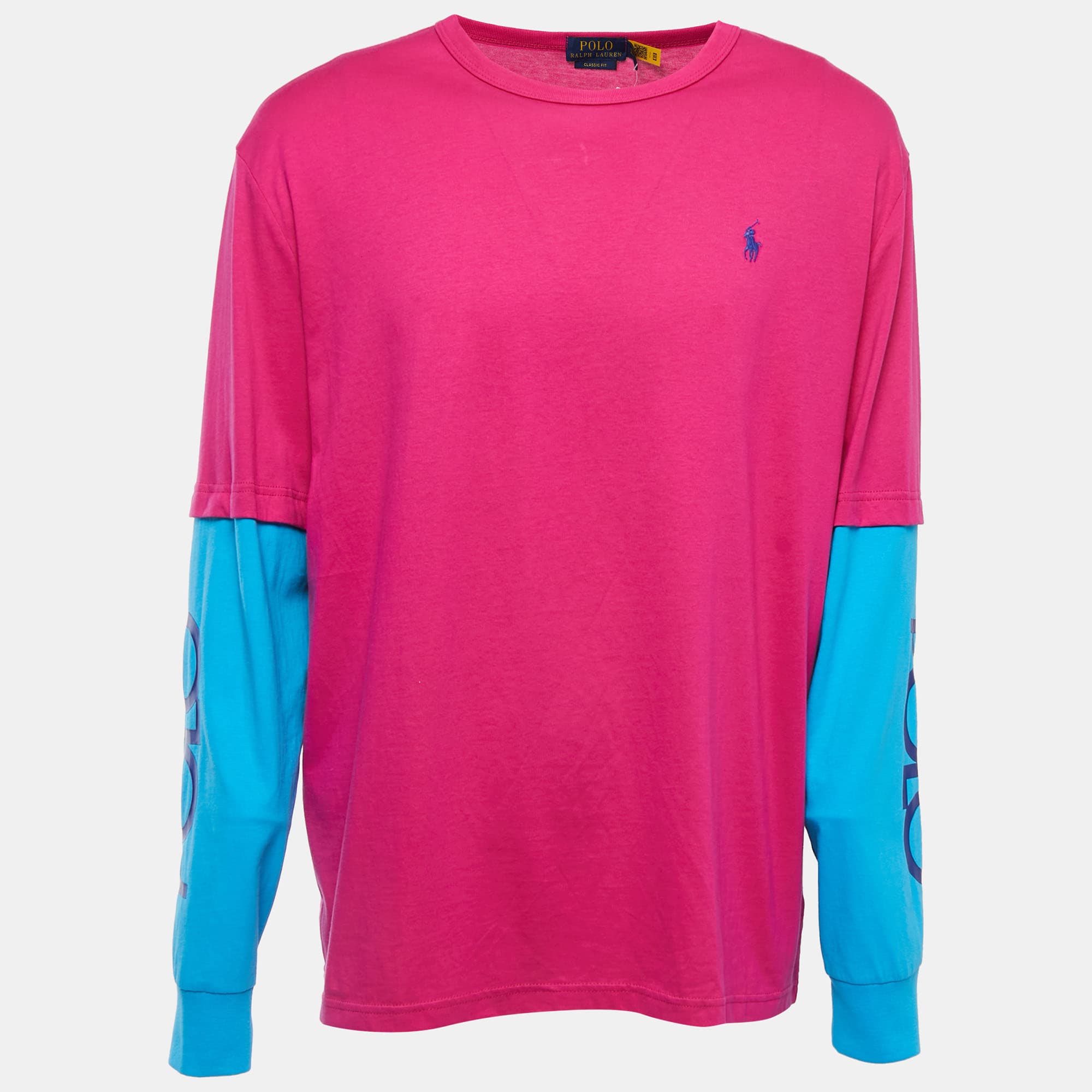 Polo Ralph Lauren Pink/Blue Logo Embroidered Cotton Crew Neck Long Sleeve T-Shirt L