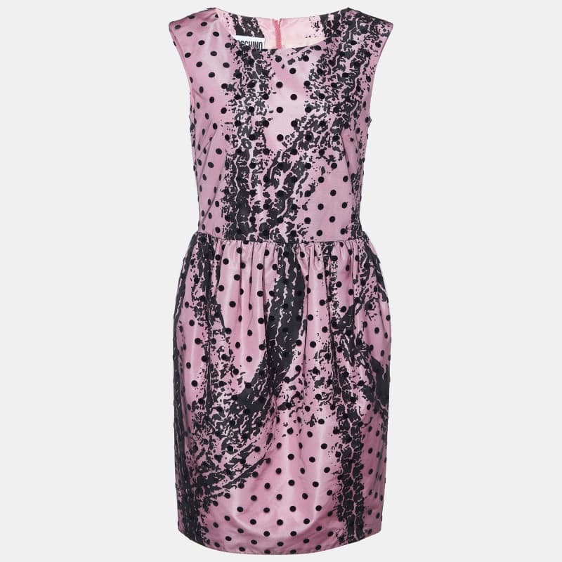 Moschino Couture Pink Printed Satin & Polka Dot Tulle Sleeveless Sheath Dress M