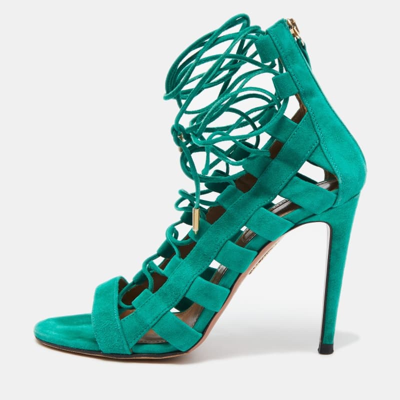 Aquazzura Green Suede Amazon Lace Up Sandals Size 38