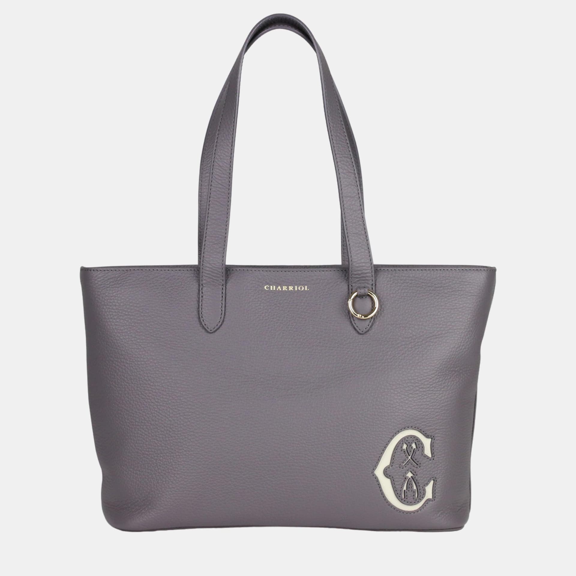 Charriol Marie Olga Storm Grey Grained Leather Shopper Tote Bag