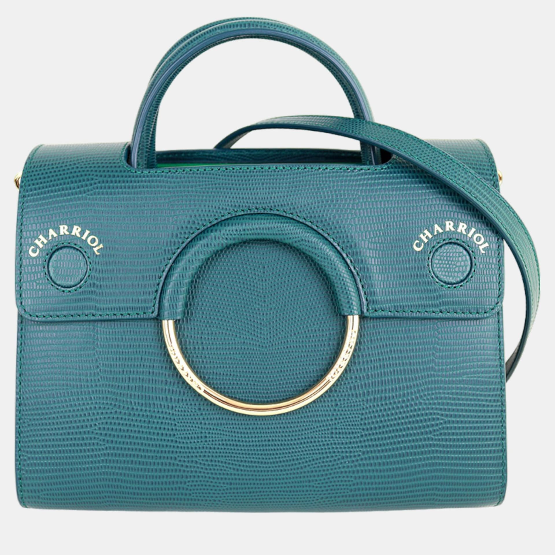 Charriol Chameleon Green Lizard Embossed Leather Top Handle Bag
