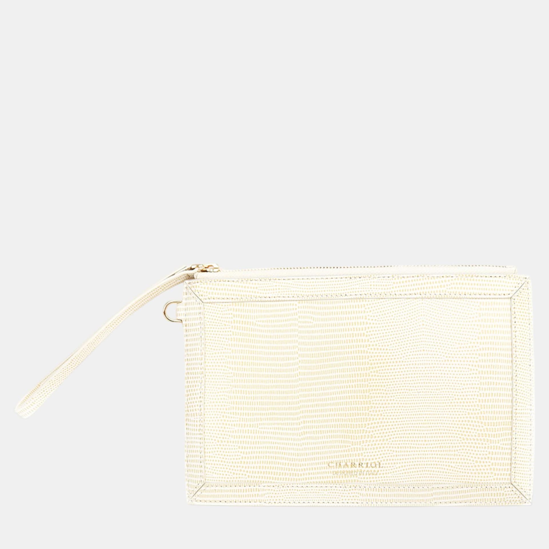 Charriol Chameleon Beige Lizard Embossed Leather Wristlet Pouch Bag