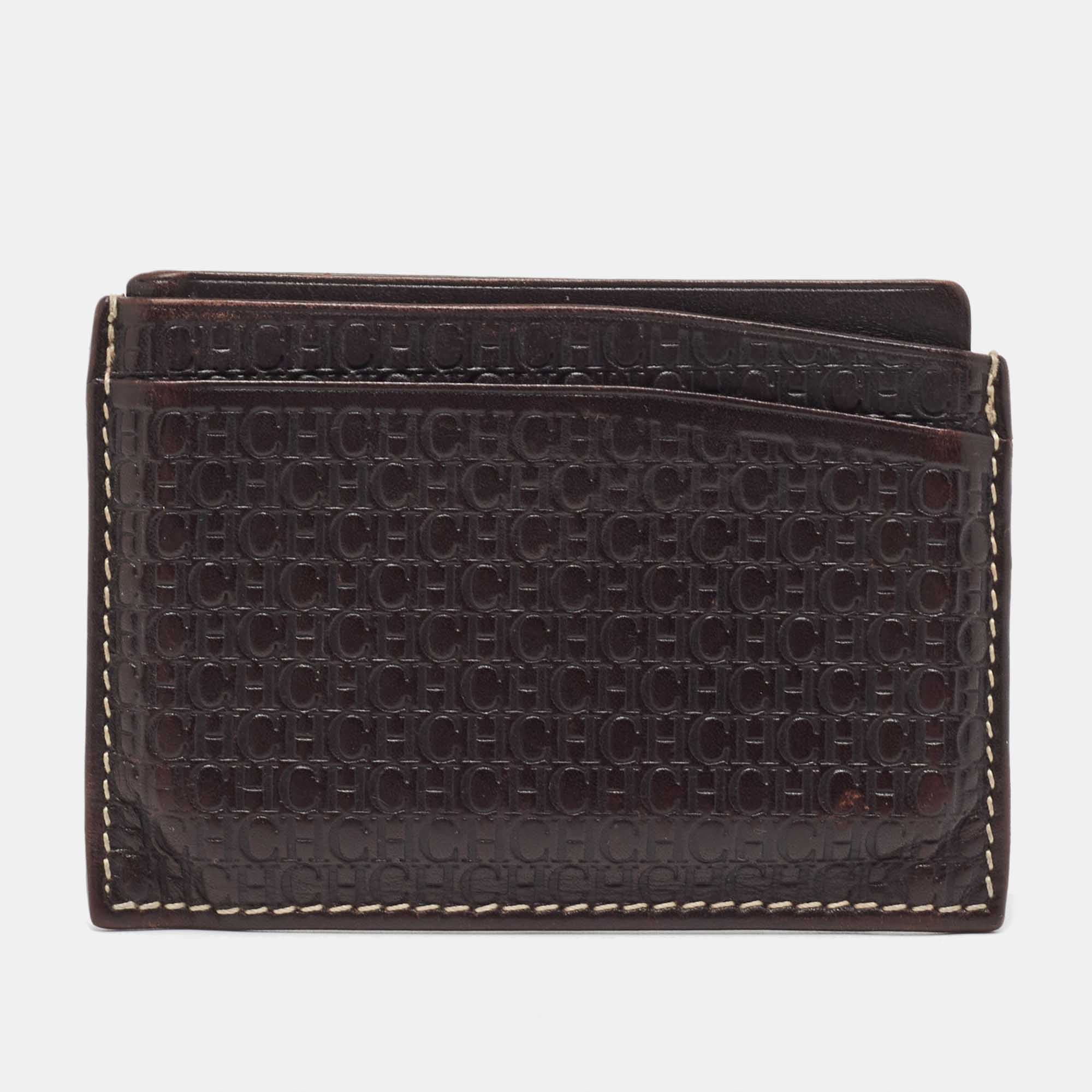 CH Carolina Herrera Dark Brown Monogram Leather Card Holder