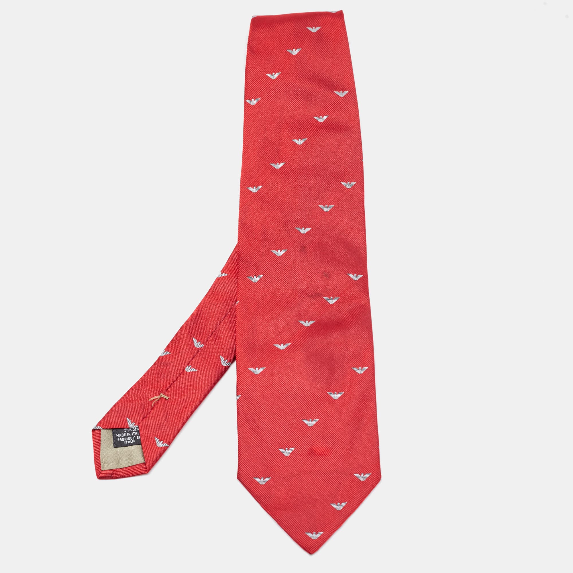 Emporio Armani Red Logo Patterned Silk Traditional Tie