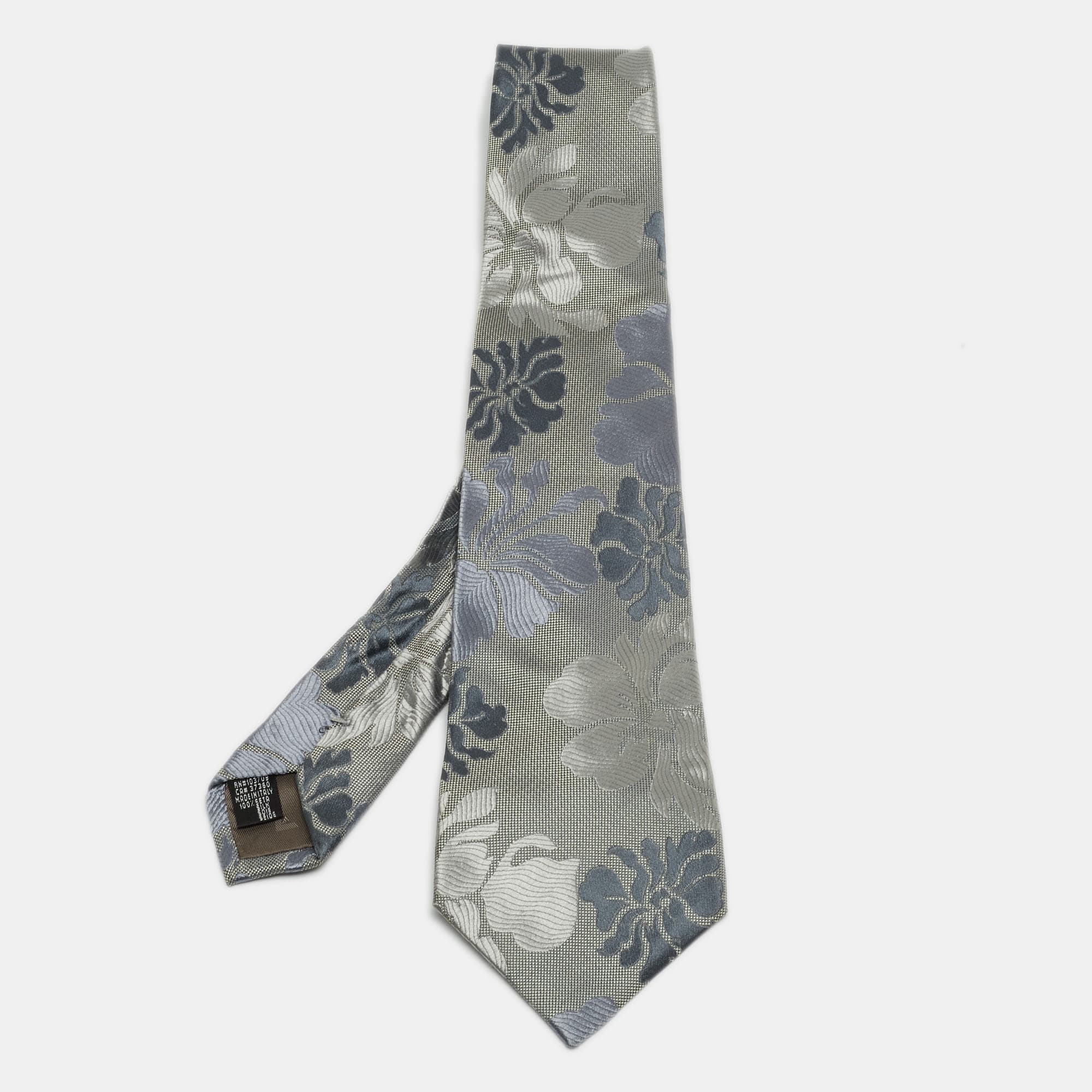 Emporio Armani Grey Floral Patterned Silk Traditional Tie