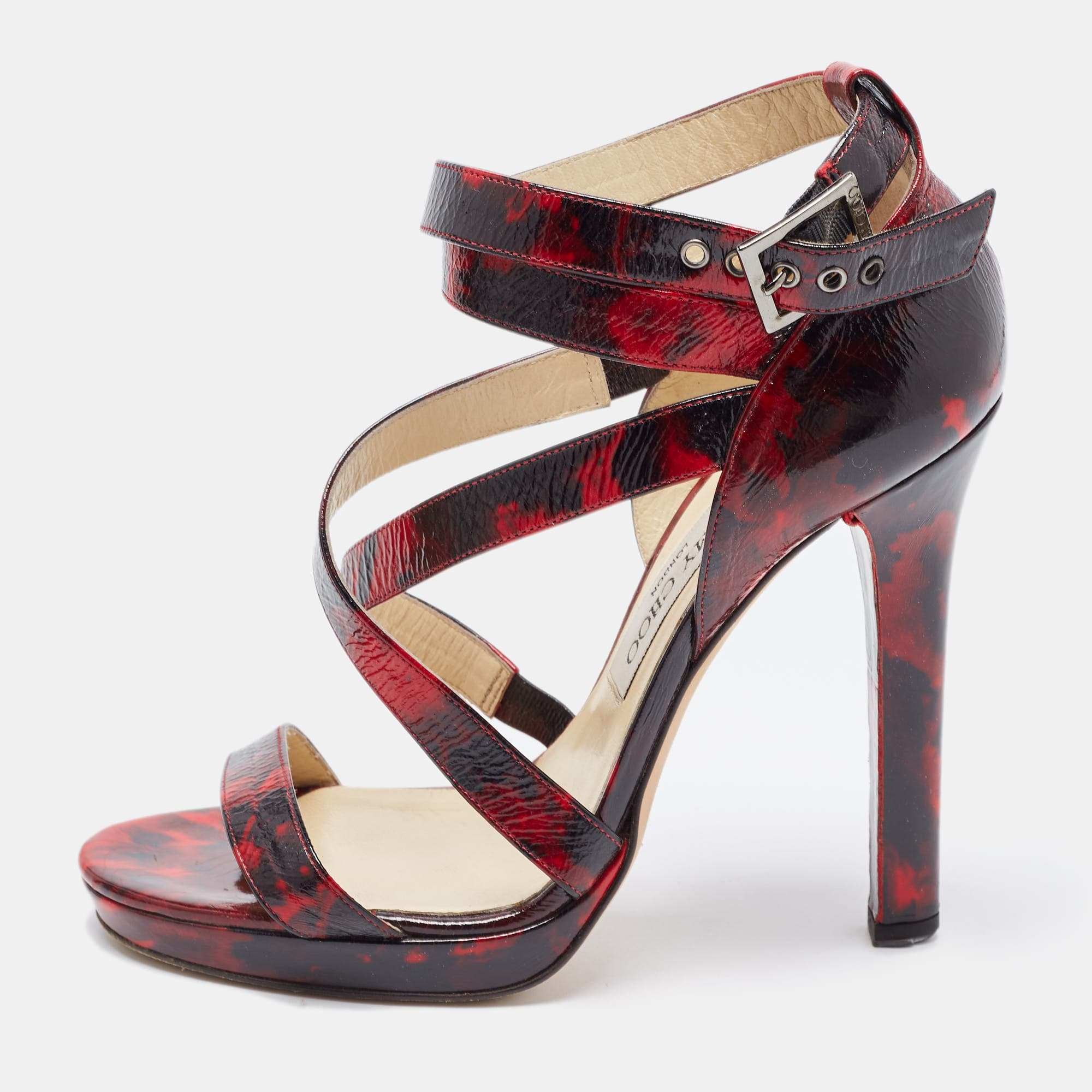 Jimmy Choo Red/Black Leather Criss Cross Ankle Strap Sandals Size 37.5