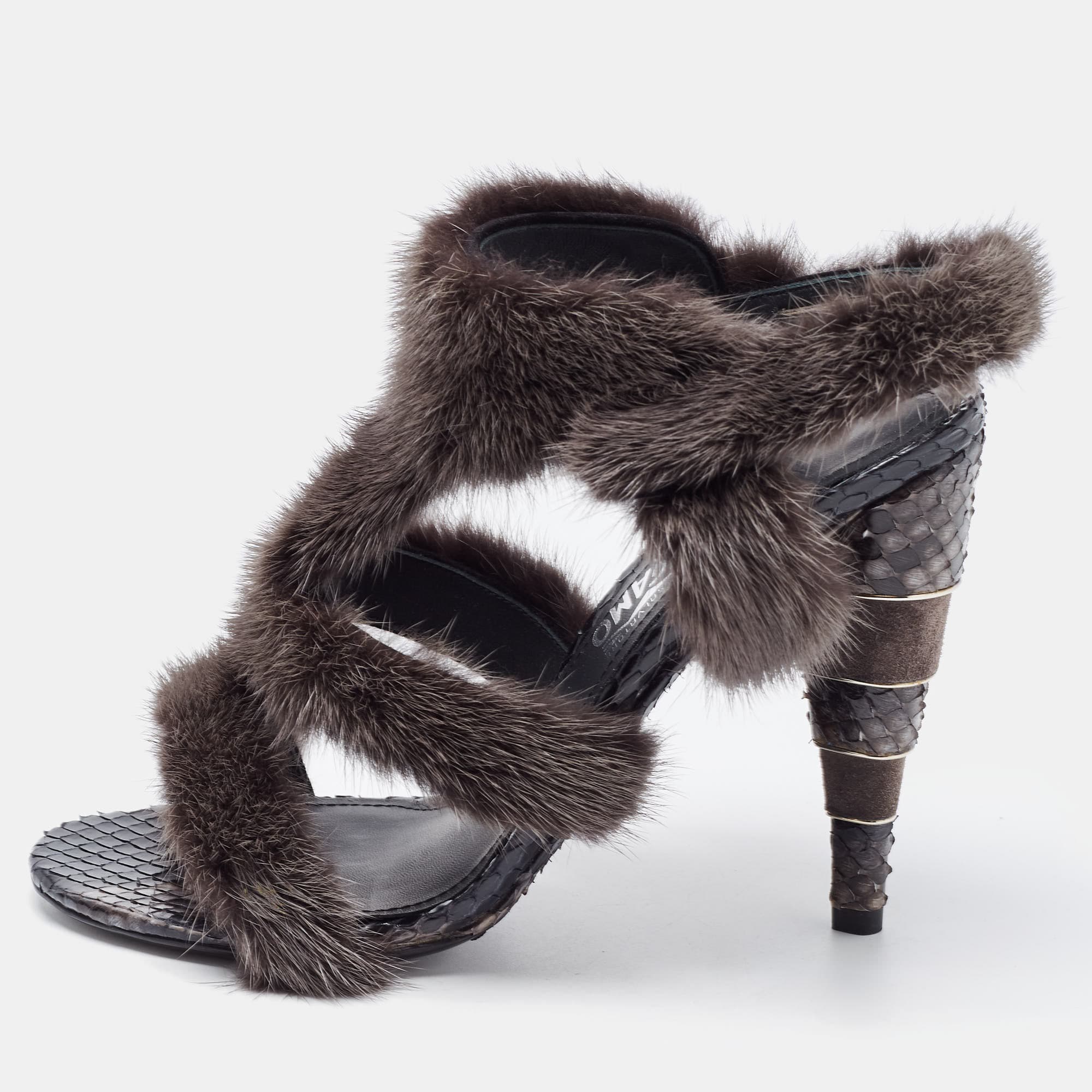 Salvatore Ferragamo Size 39 Brown Fur and Python Leather Slide Sandals