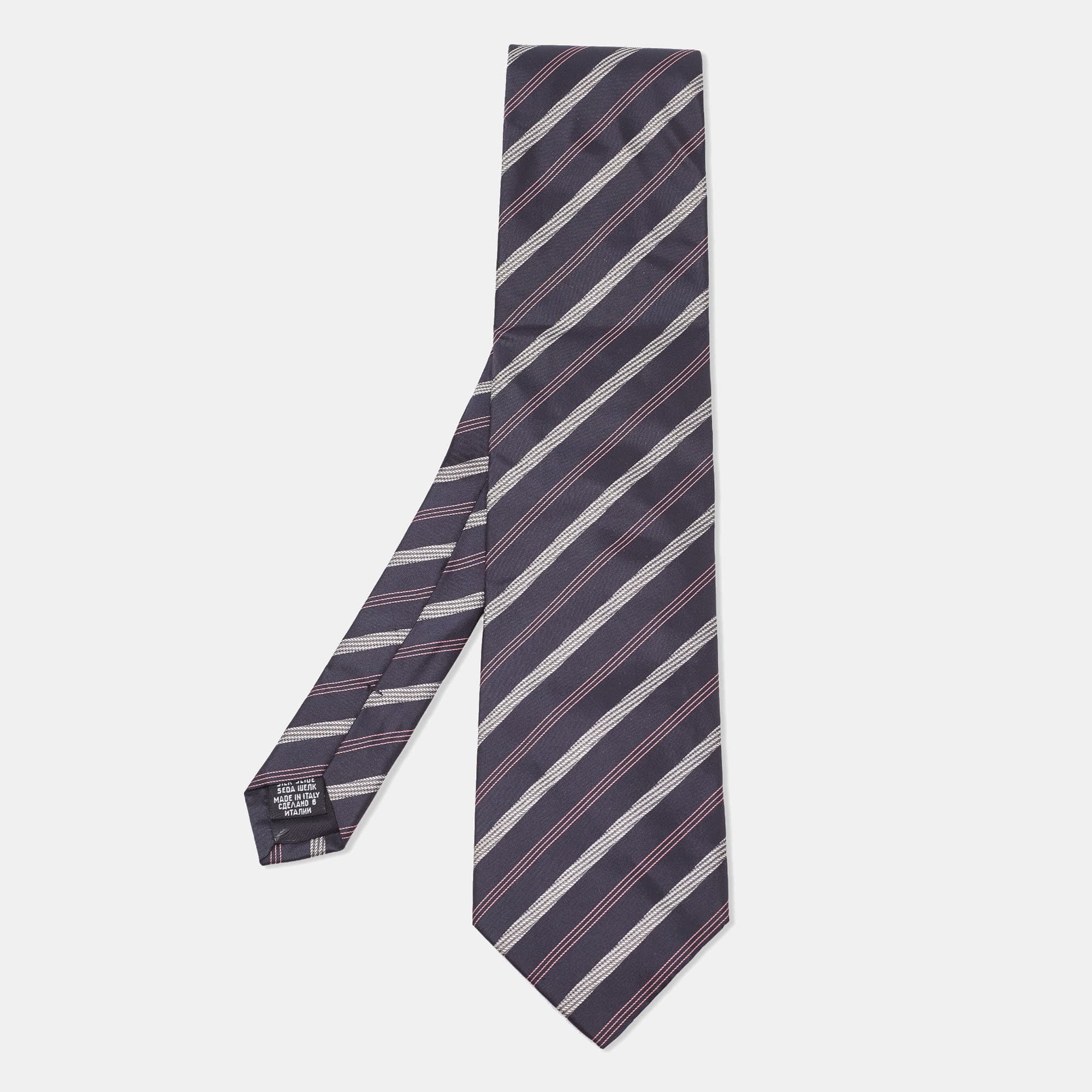 Boss By Hugo Boss Navy Blue Diagonal Striped Silk Tie