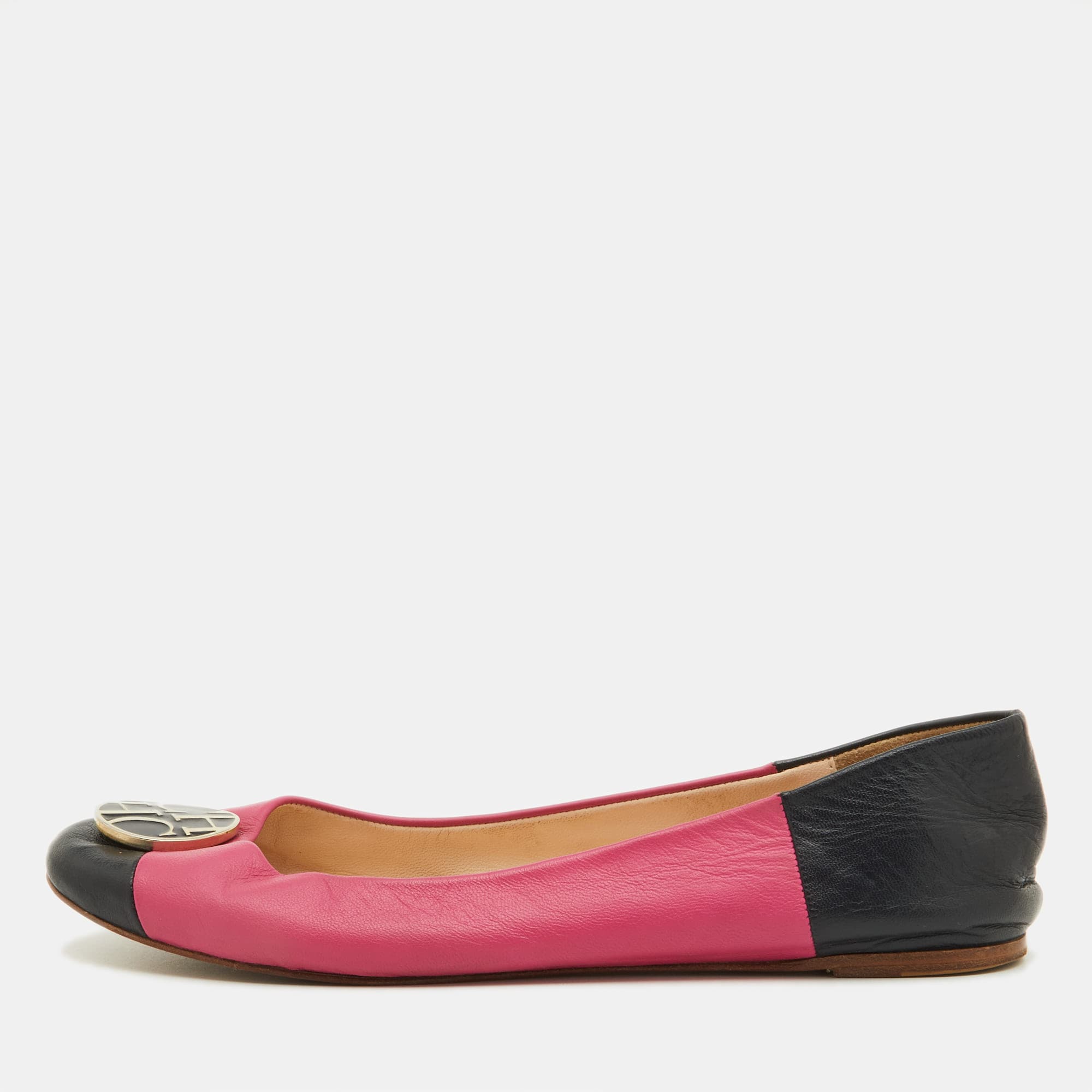 CH Carolina Herrera Pink/Black Leather Logo Ballet Flats Size 39