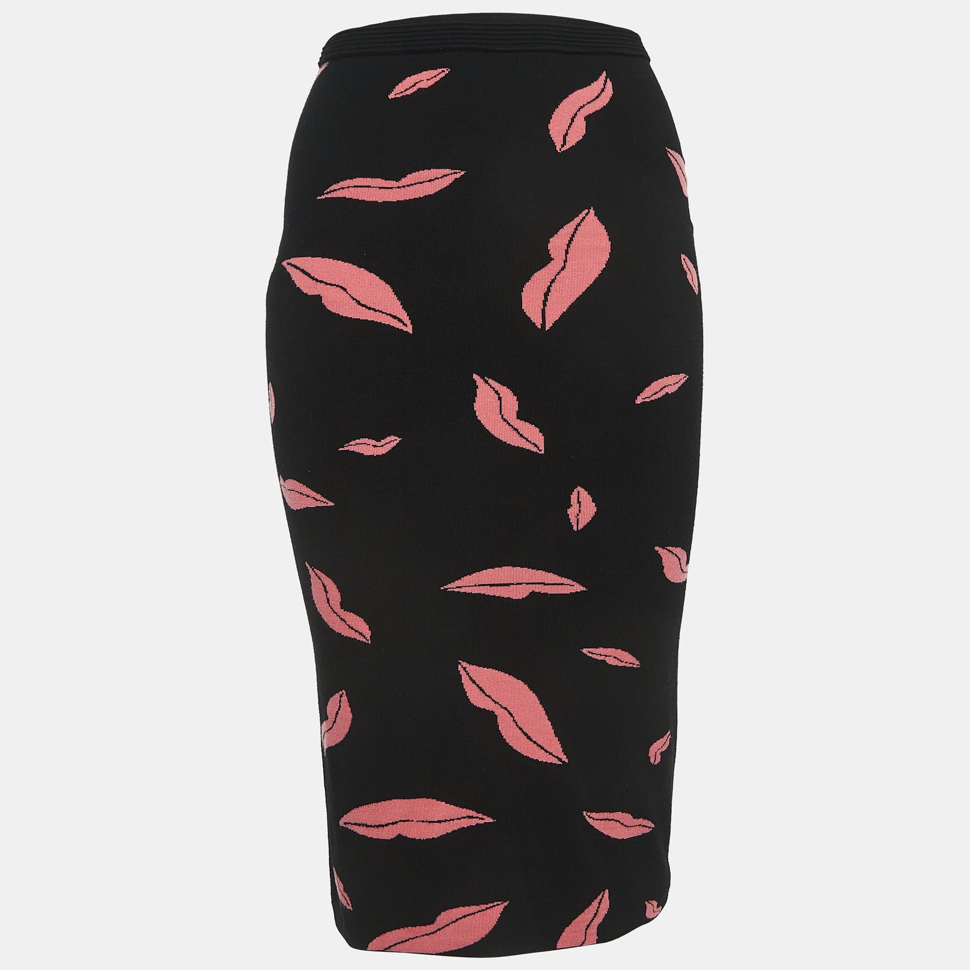 Diane Von Furstenberg Black/Pink Lips Patterned Knit Pencil Skirt XS