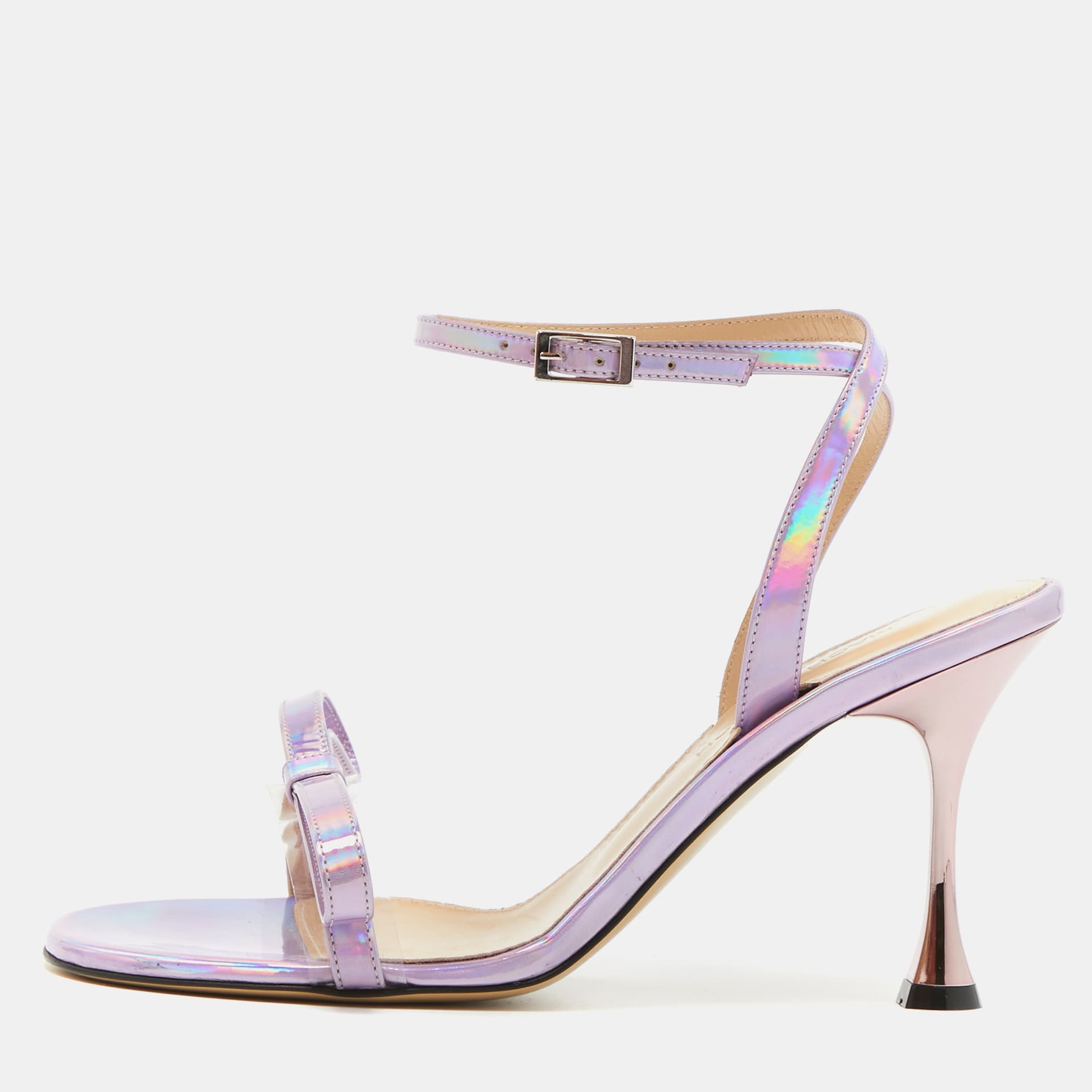 Mach & Mach French Bow Size 39 Purple Iridescent Leather and PVC Ankle Strap Sandals