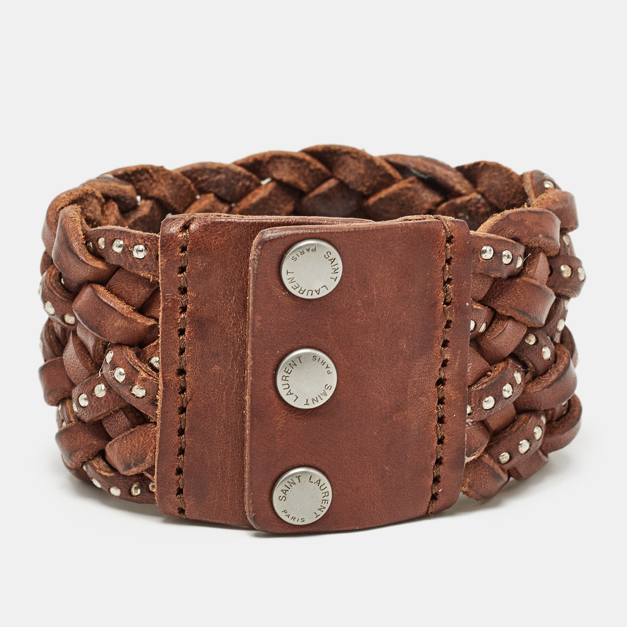 Saint Laurent Paris Brown Studded & Braided Leather Wide Bracelet