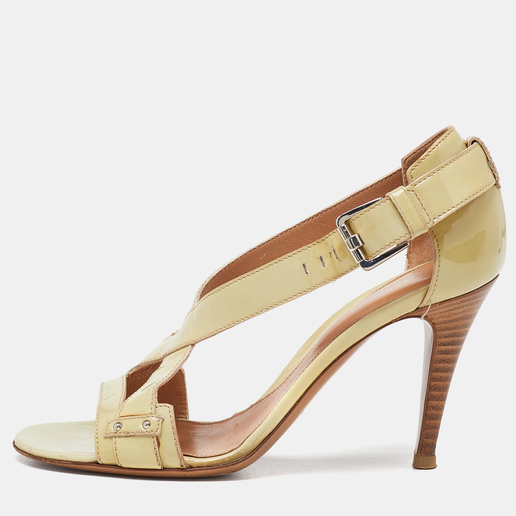 Sergio Rossi Size 37 Beige Patent Leather Ankle Strap Sandals