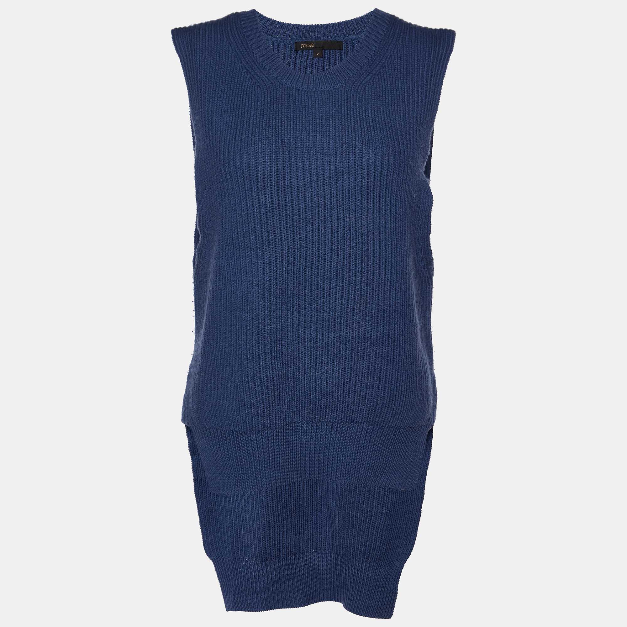 Maje Blue Wool Knit High-Low Sleeveless Sweater Top M