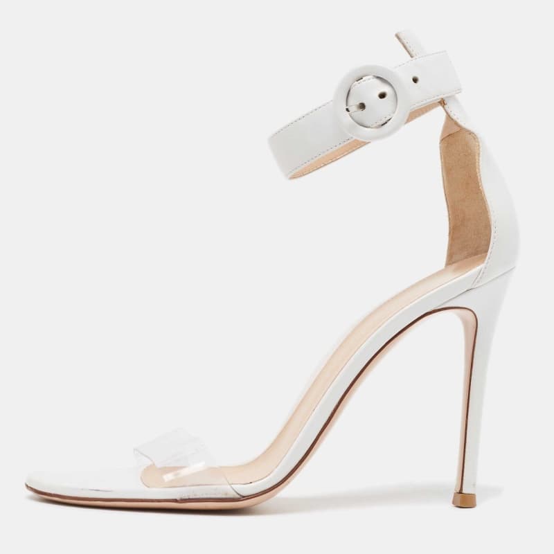 Gianvito Rossi White/Transparent Leather and PVC Open Toe Ankle Strap Sandals Size 37.5