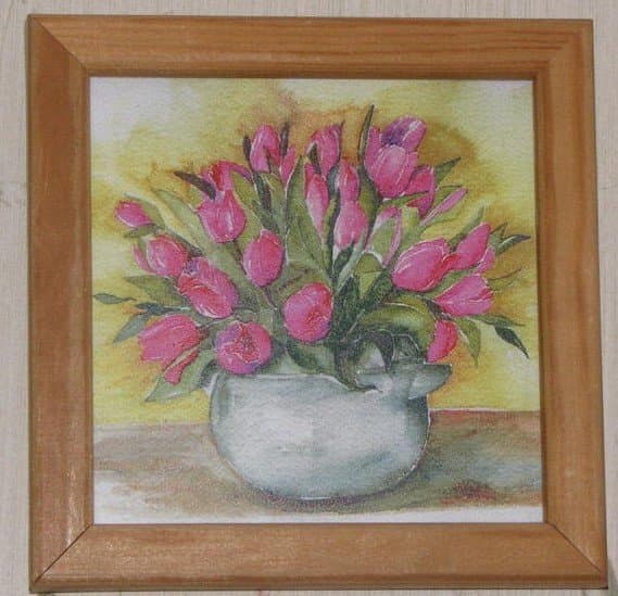 Tavla fin tulpan bukett rosa tulpaner blommor trevlig dekoration ljus brun ram