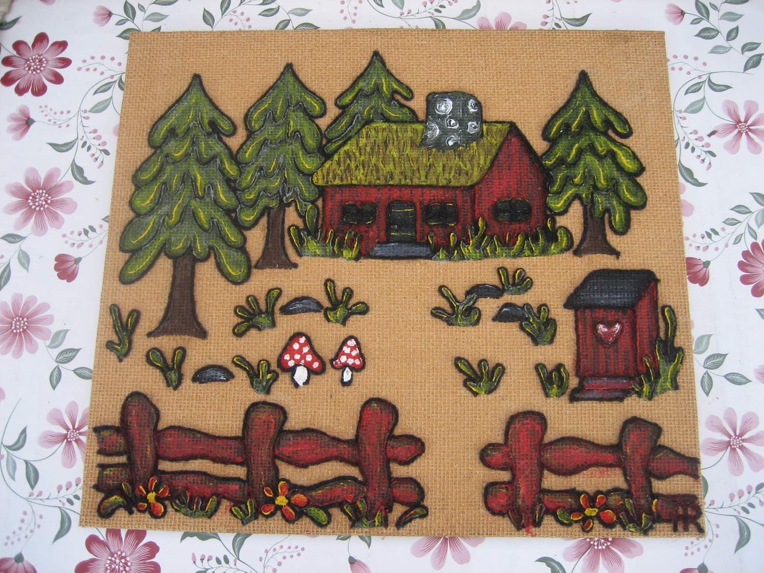Tavla - Stuga i skogen med Dass & Staket