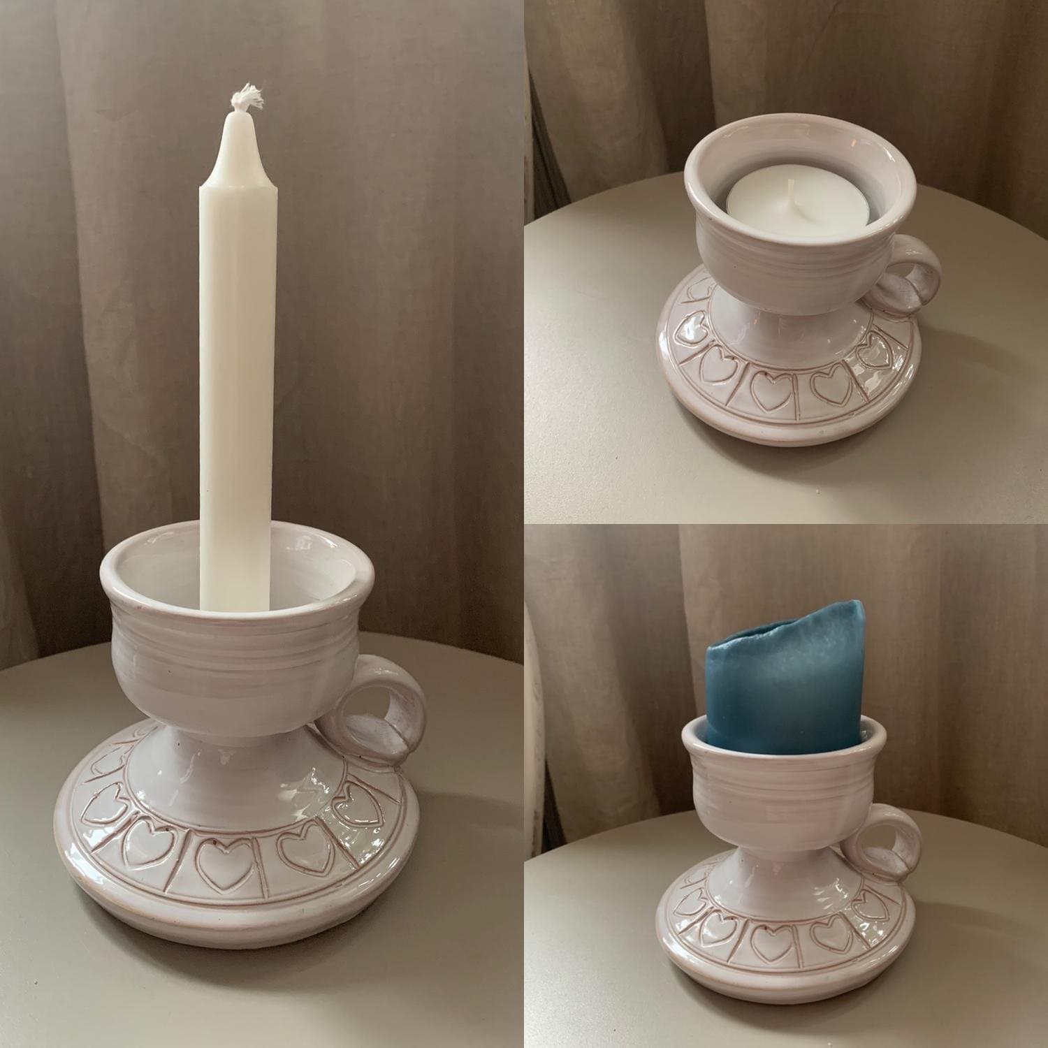 Ljusstake i vitglaserad keramik. Hjärtan som motiv