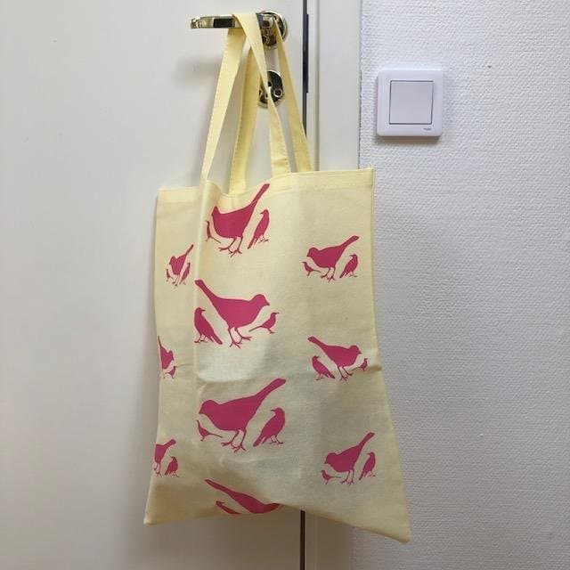 Vintage canvas yellow summer shopper bag with pink birds motif - NEW