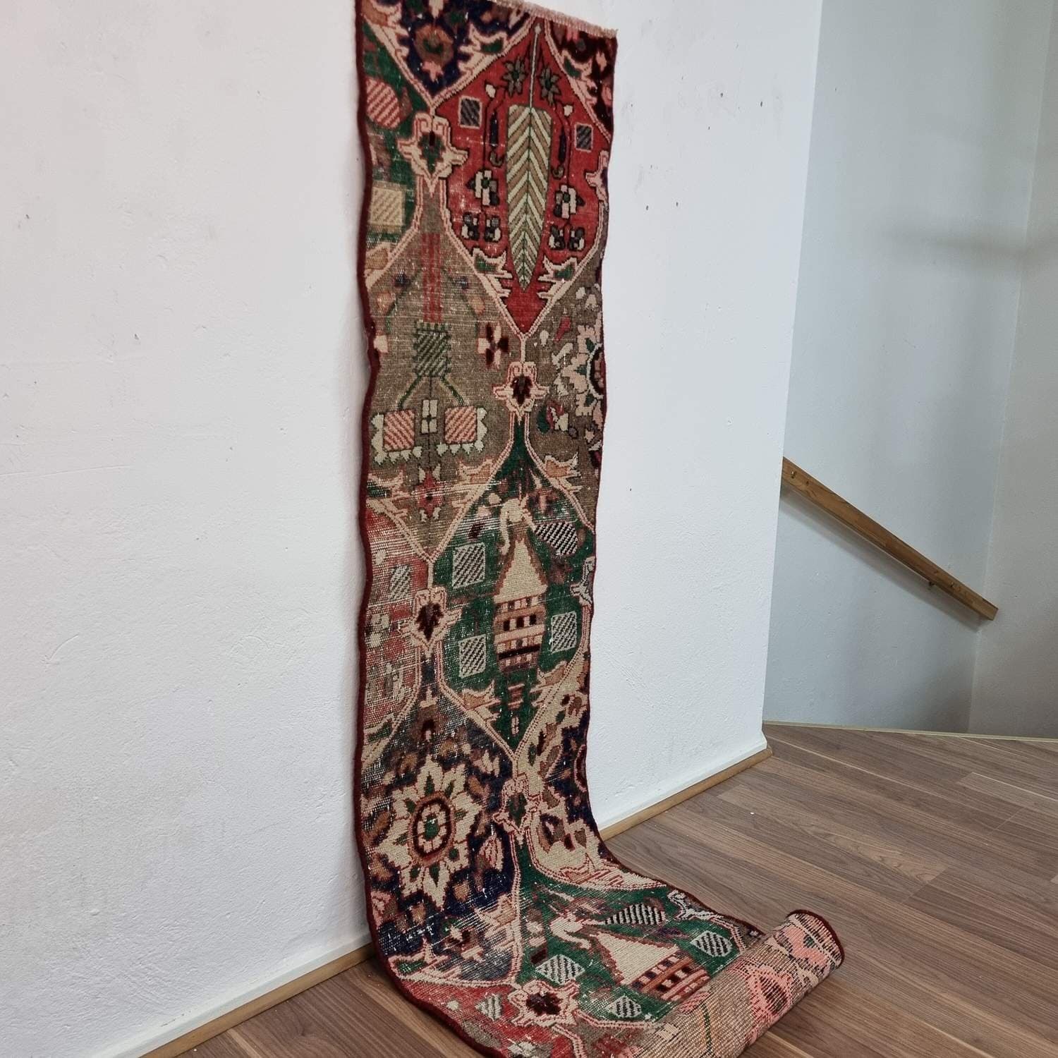 Äkta Vintage matta ca: 245x55 cm - 100% ull - Tvättad & klart - Handknuten