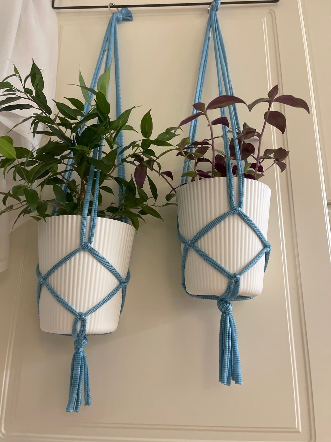 Två Amplar för blomkrukor, makramé, ljusblåa smårandiga (16-20 cm)