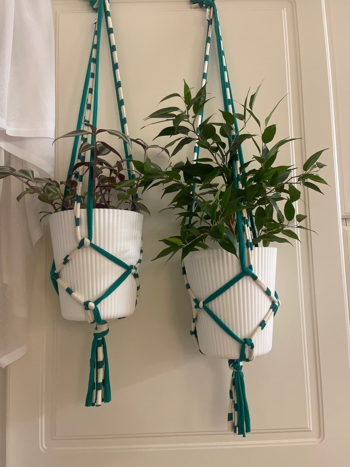 Två Amplar för blomkruka, makramé, vit/grön randig (10-12 cm)