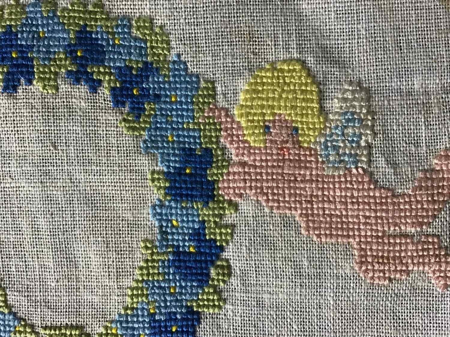 Liten Broderad tavla med änglar Broderi Sömnad Sy Korsstygn