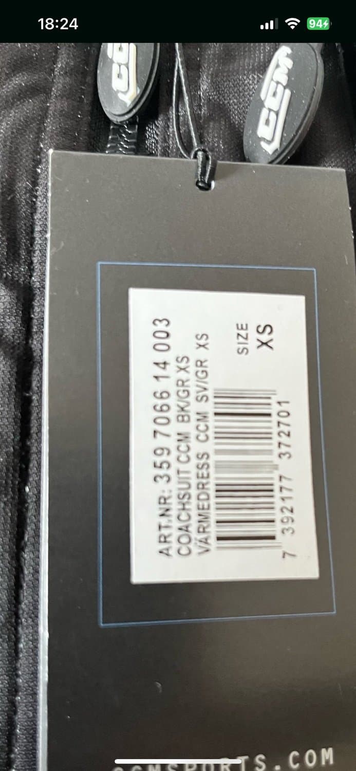 Ccm hockey värmedress jacka stl sv/gr xs grå/svart ny med lappar kvar