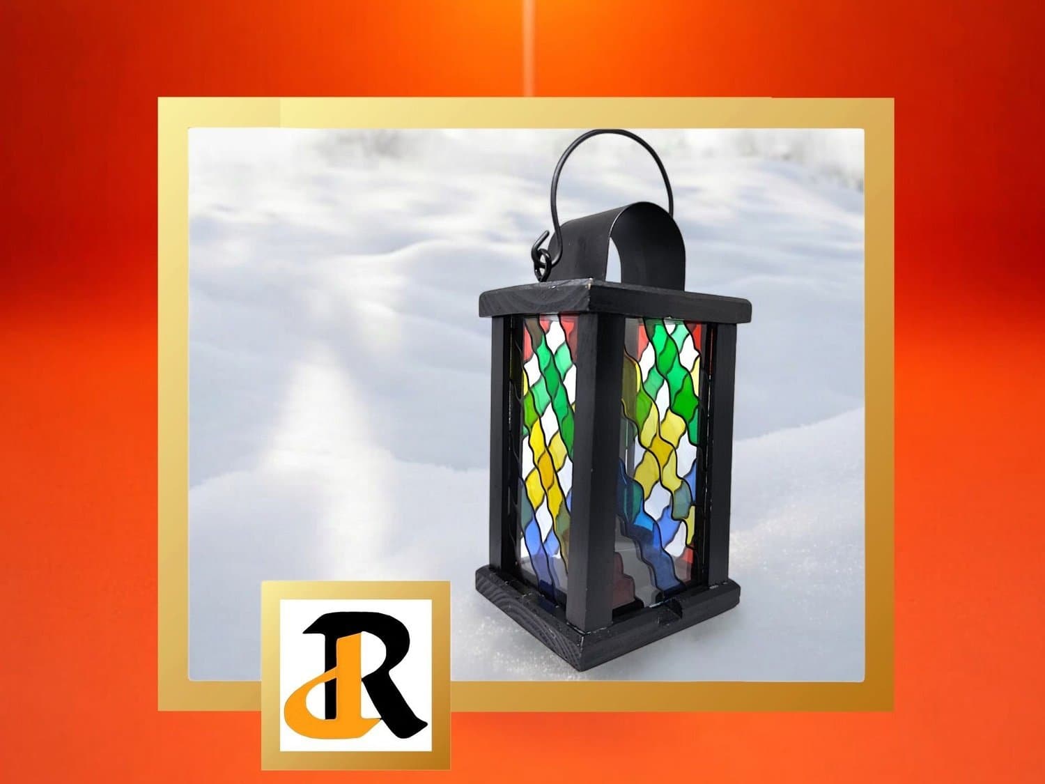 Ljuslykta i trä, metall och färgat glas, jul lykta