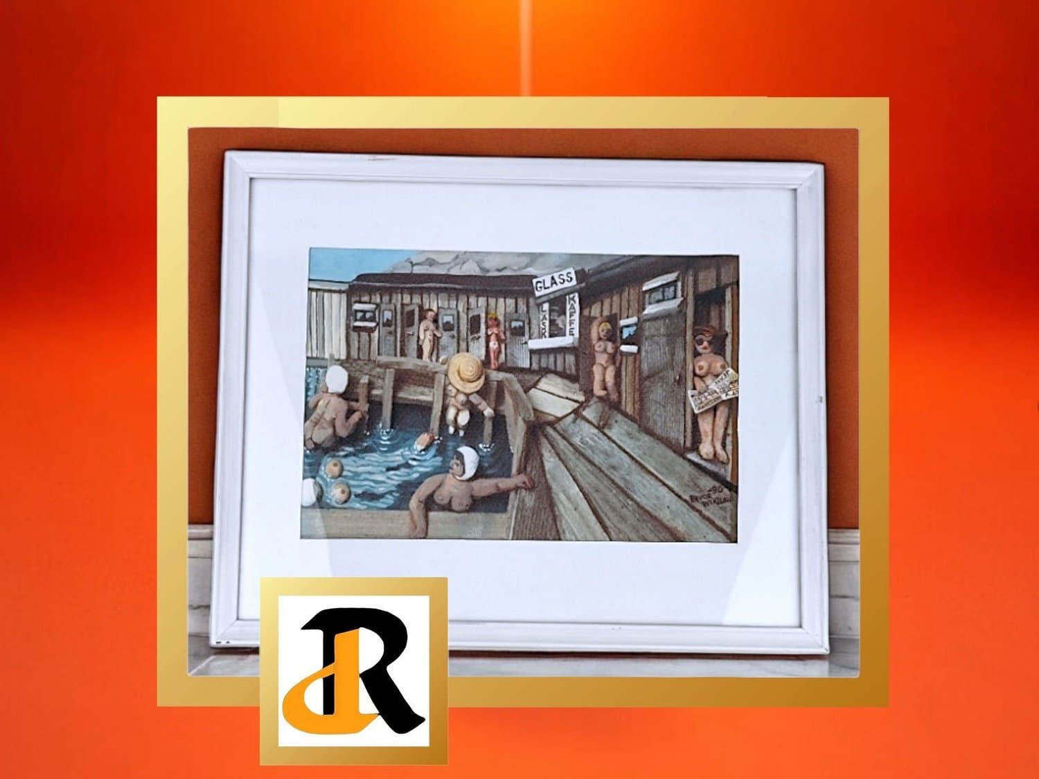 Vintage från 90 talet Tavla skapad utav konstnären Eivor Wiklund, Badhusmotiv