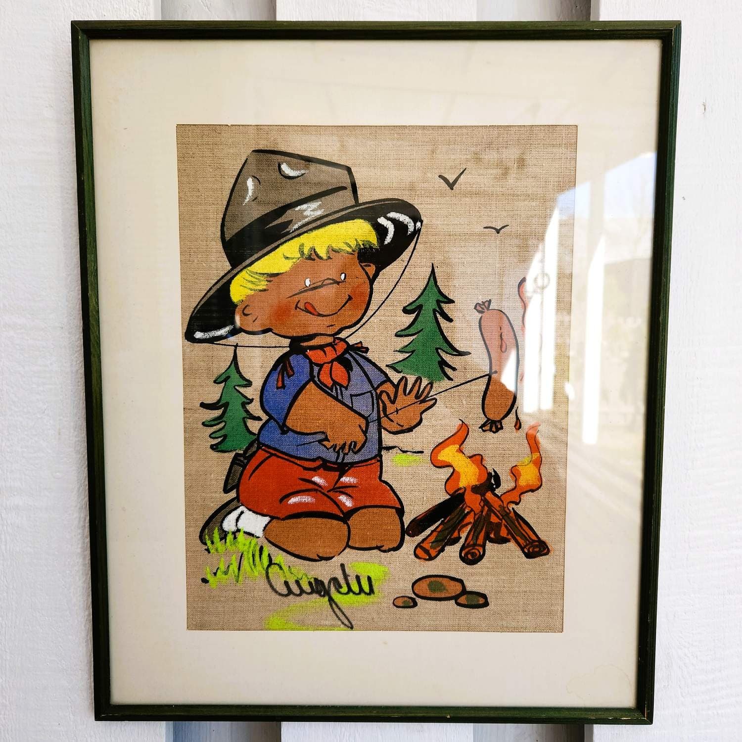 Vintage 1960s Swedish Hand-Painted Linen Panel Campfire Scene