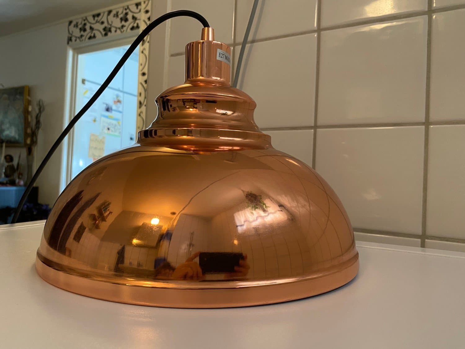 Läcker taklampa i koppar, retrostil, kopparfärgad med mässingsfärgad takkåpa