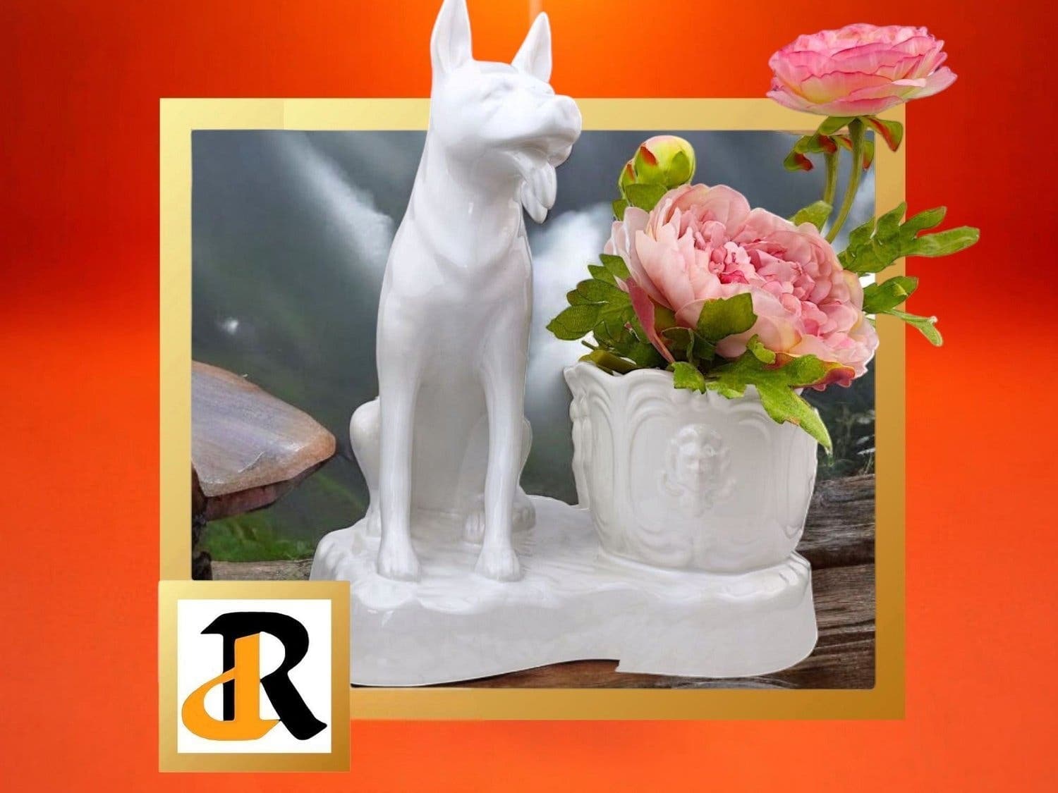 70-tals Pereiras Valado porcelain kruka. Tillverkad i Portugal. hund med kruka
