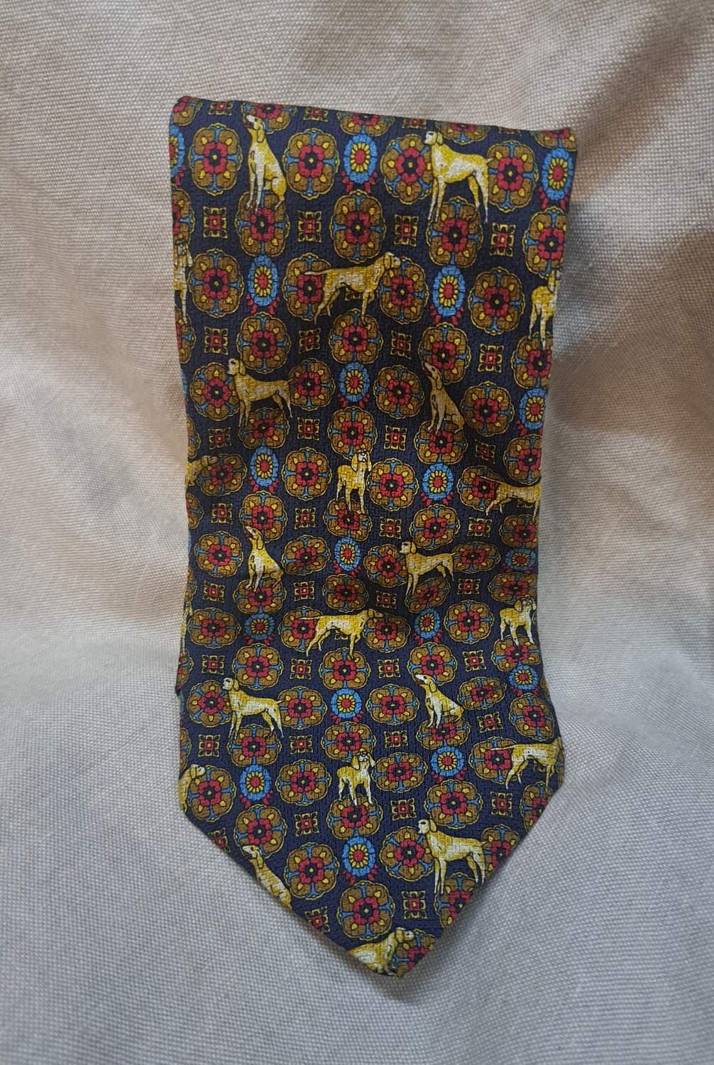 Vintage Slips med hundar och blommor - 100% Silk Italy Neck Tie