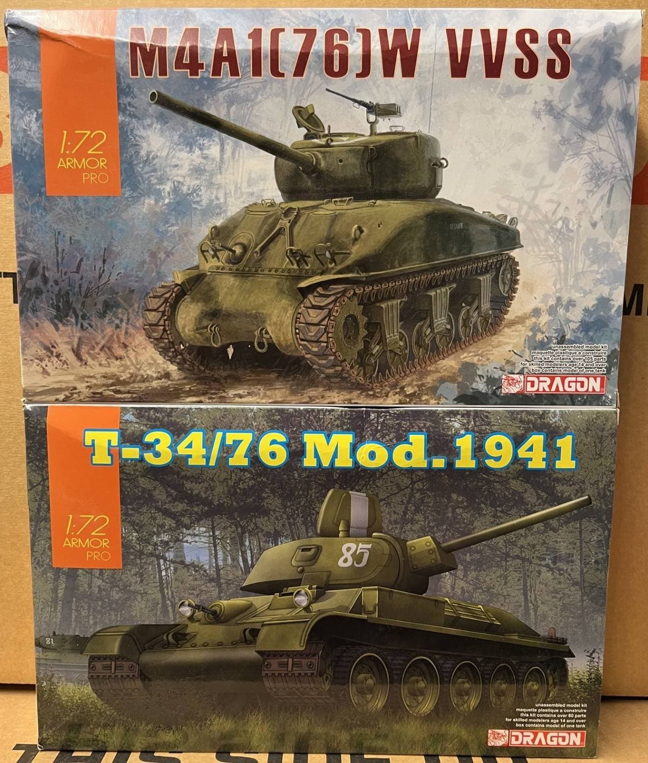 M4A1(76)W VVSS & T-34/76 Mod.1941 (SLITEN LÅDOR) Dragon 1/72 OÖPPNAD