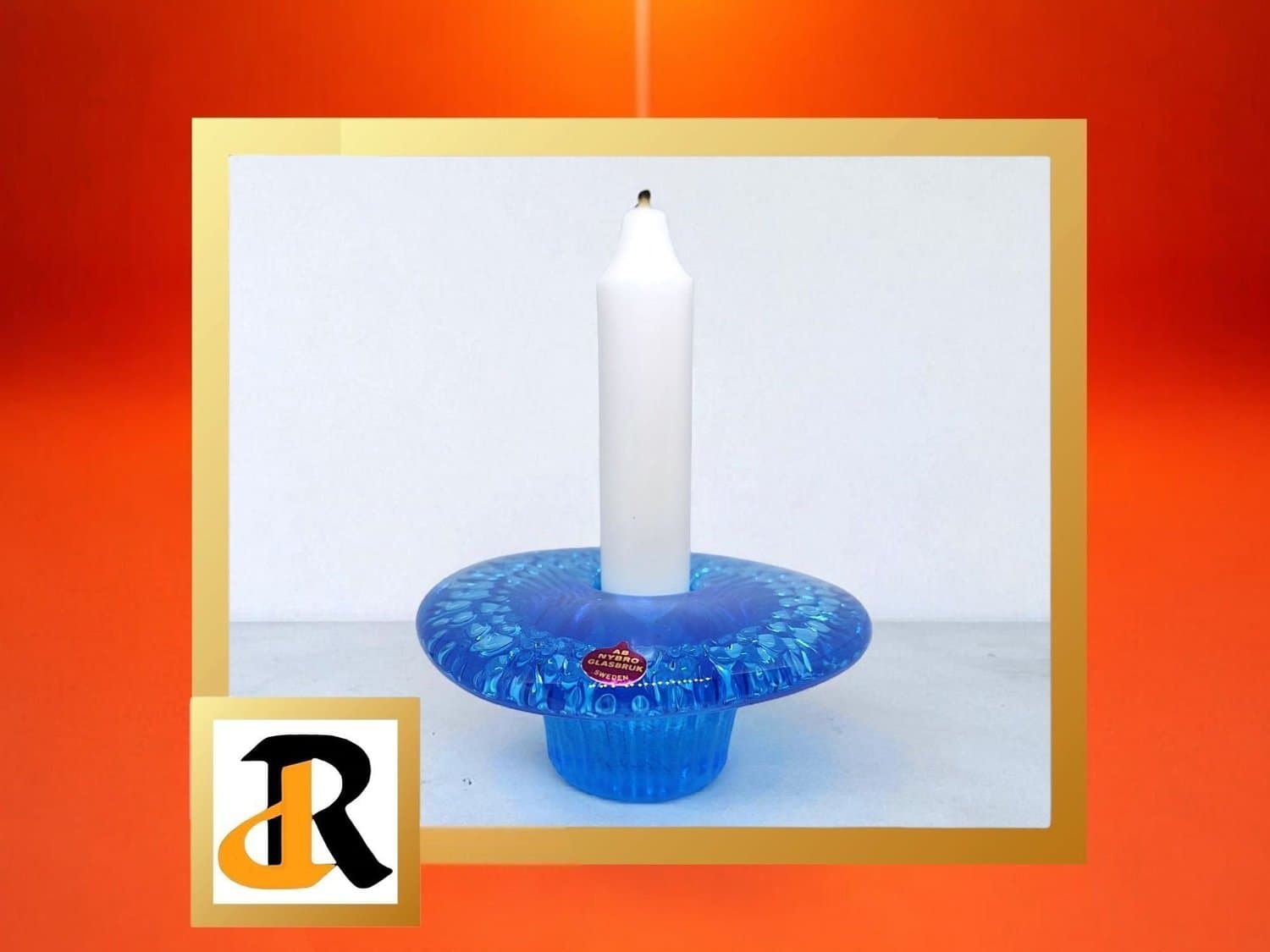 Nybro Glasbruk Sweden, Ljusstake, ljushållare blå glas svamp